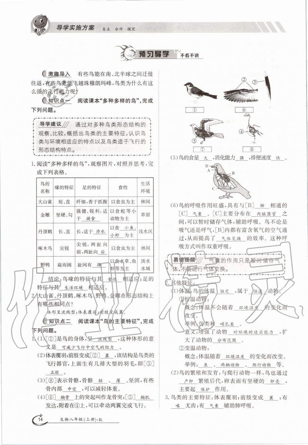 2020年金太陽導(dǎo)學(xué)測評八年級生物上冊人教版 參考答案第14頁