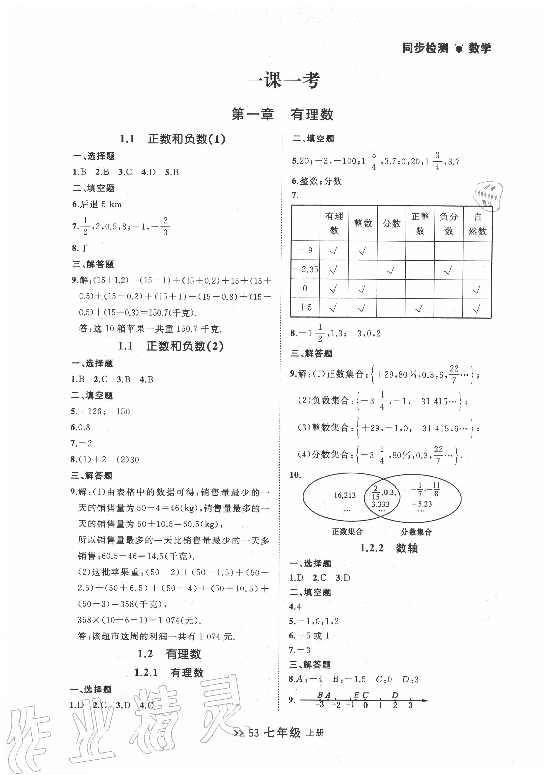 2020年中考快递同步检测七年级数学上册人教版答案—青夏教育精英