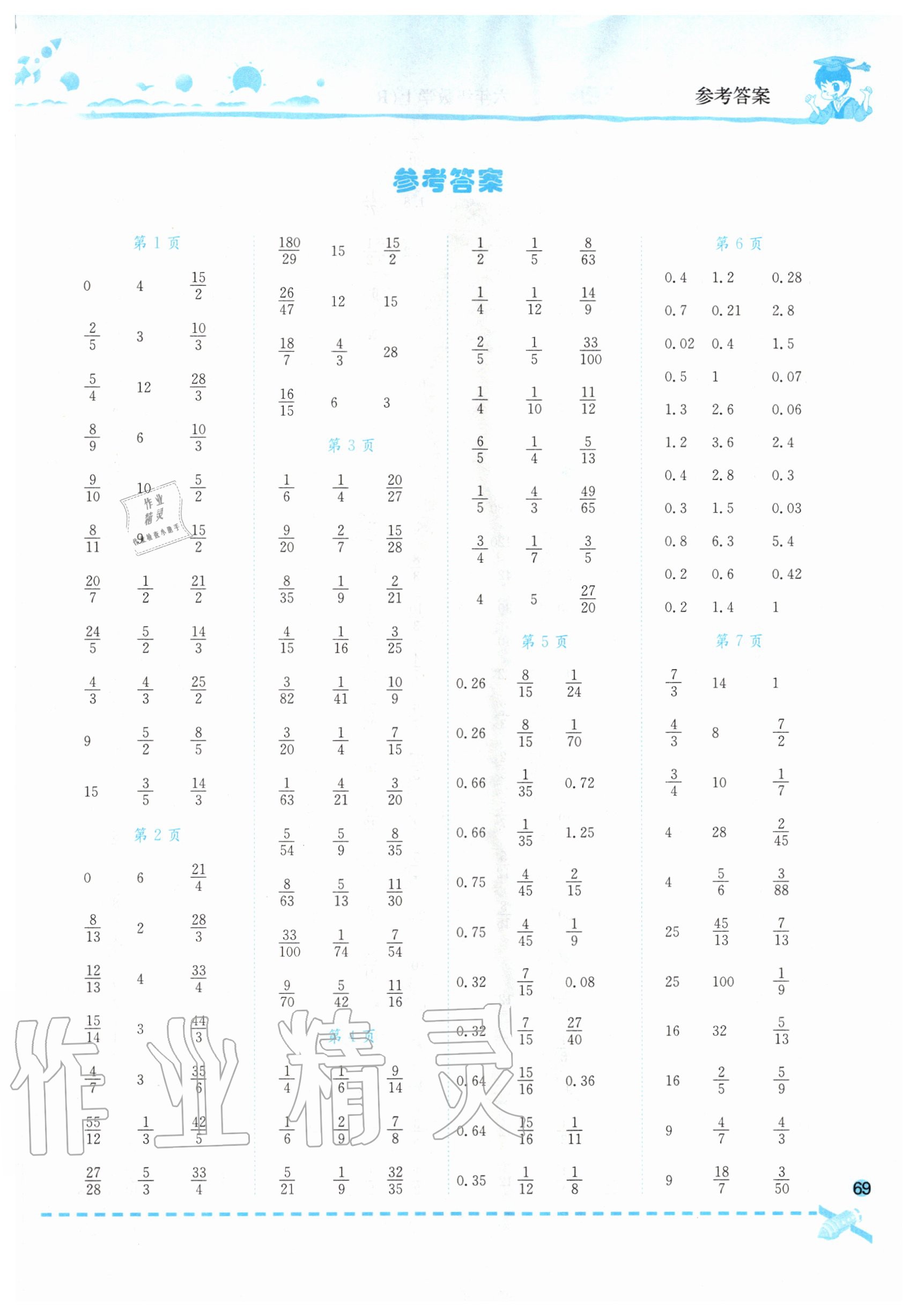 2020年黄冈小状元口算速算练习册六年级数学上册人教版 第1页