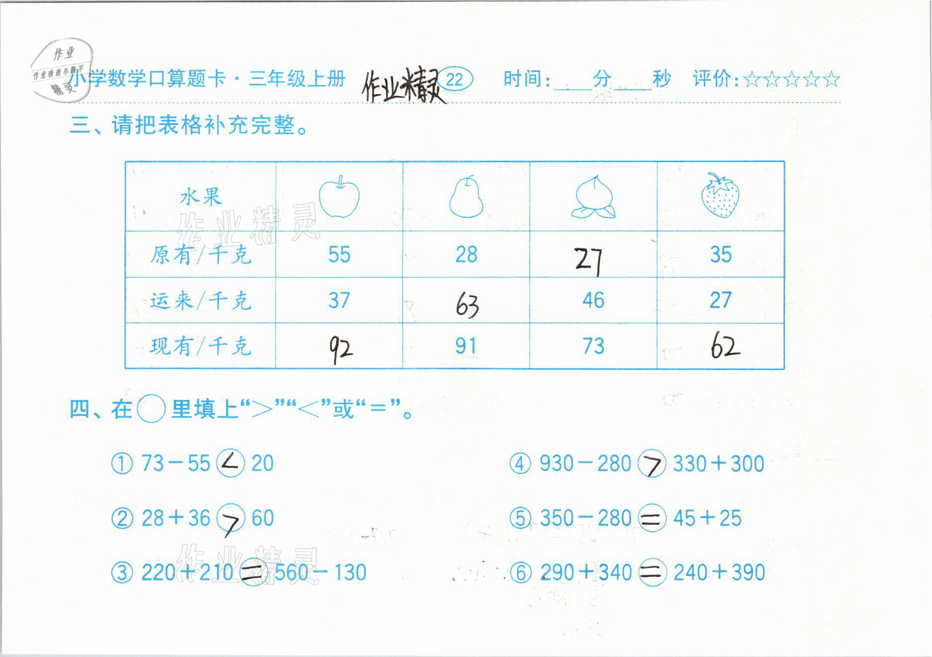 2020年小学数学口算题卡三年级上册人教版齐鲁书社 参考答案第22页