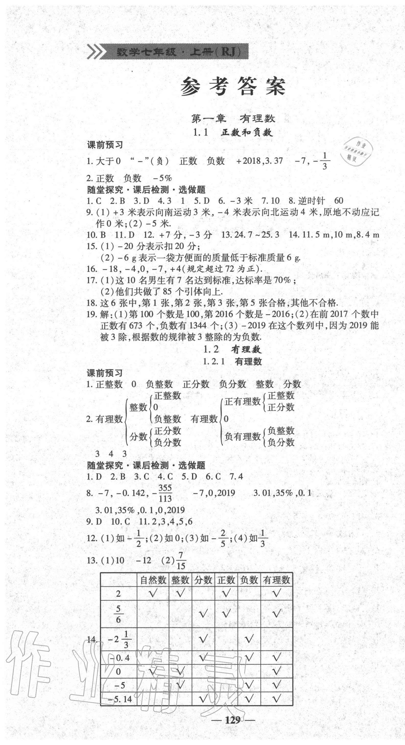 2020年高效學(xué)案金典課堂七年級(jí)數(shù)學(xué)上冊人教版 參考答案第1頁