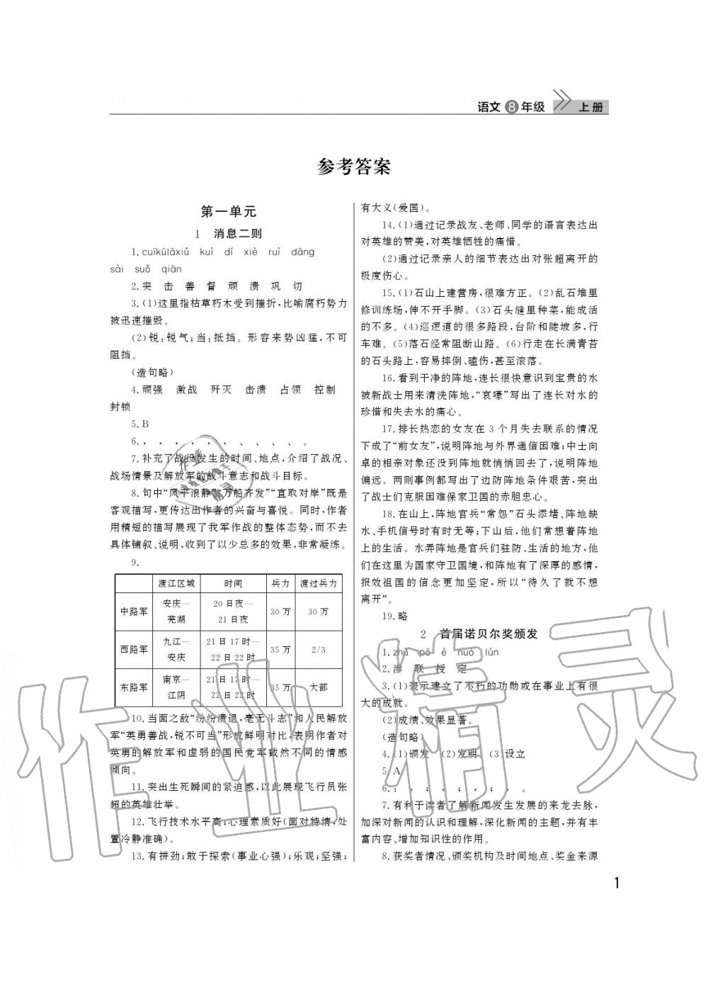 2020年智慧学习天天向上课堂作业八年级语文上册人教版 参考答案第1页