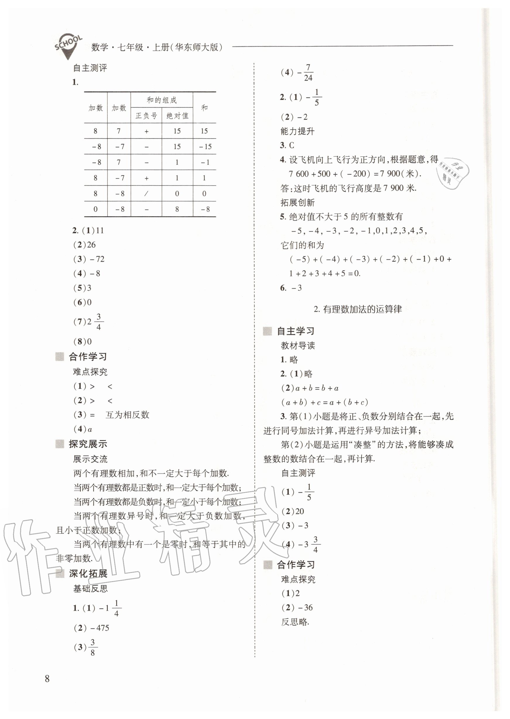 2020年新課程問題解決導(dǎo)學(xué)方案七年級數(shù)學(xué)上冊華東師大版 參考答案第8頁