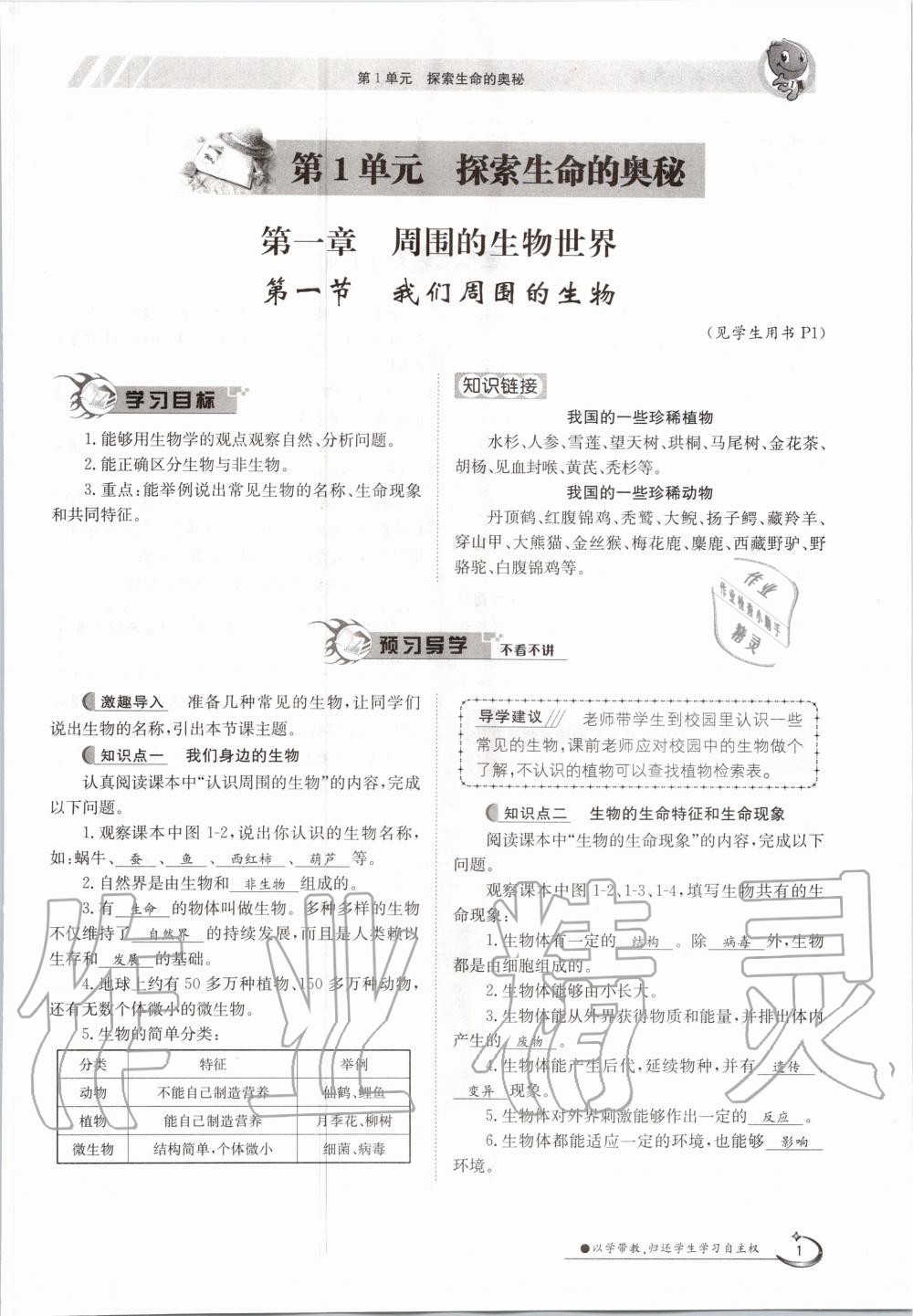 2020年金太陽導(dǎo)學案七年級生物上冊蘇教版 參考答案第6頁