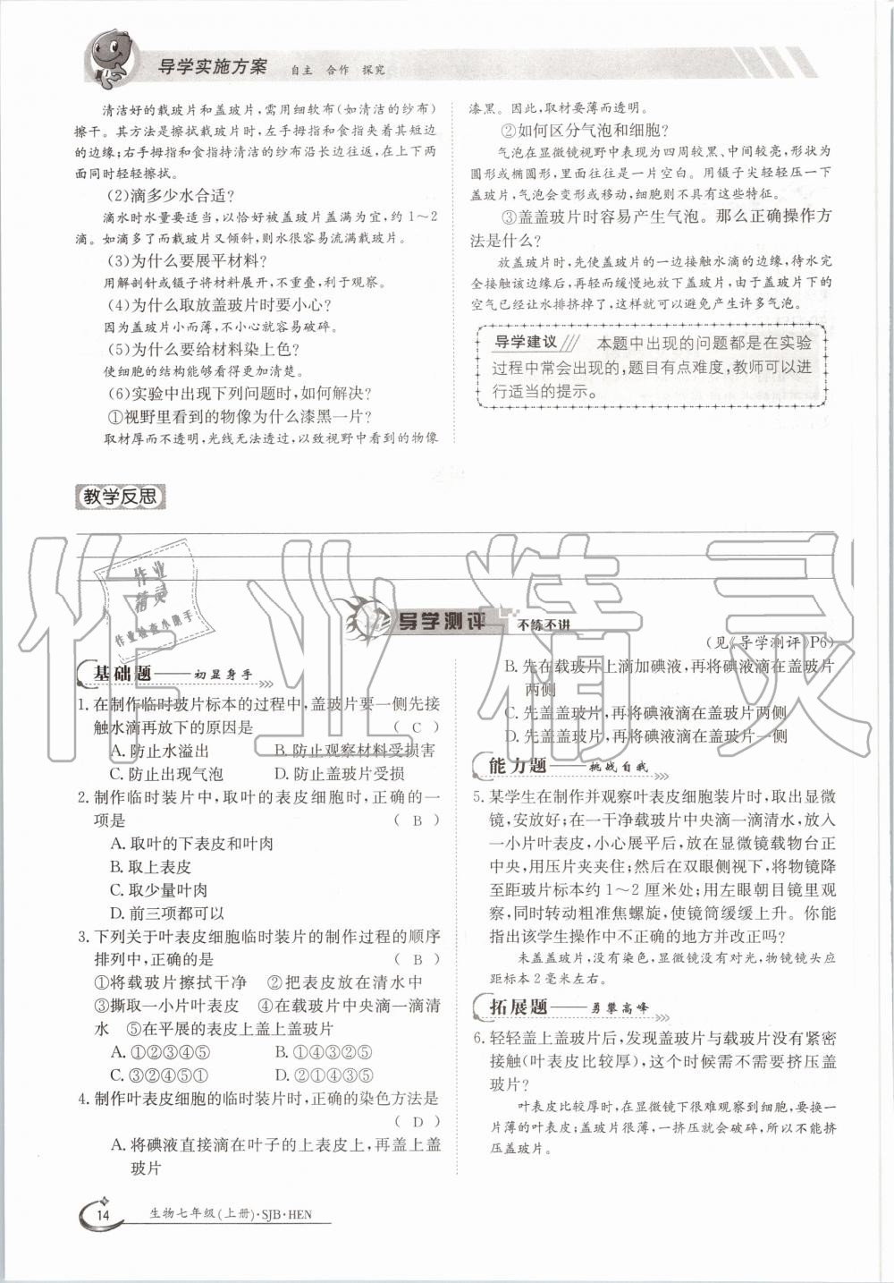 2020年金太陽導學案七年級生物上冊蘇教版 參考答案第19頁