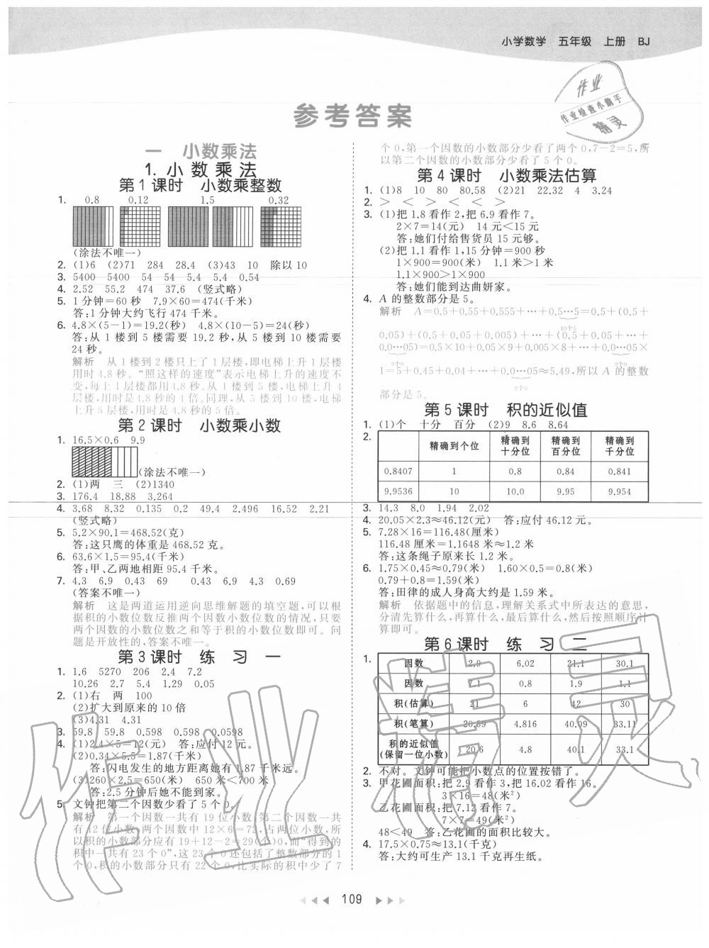 2020年53天天练小学数学五年级上册北京版 参考答案第1页