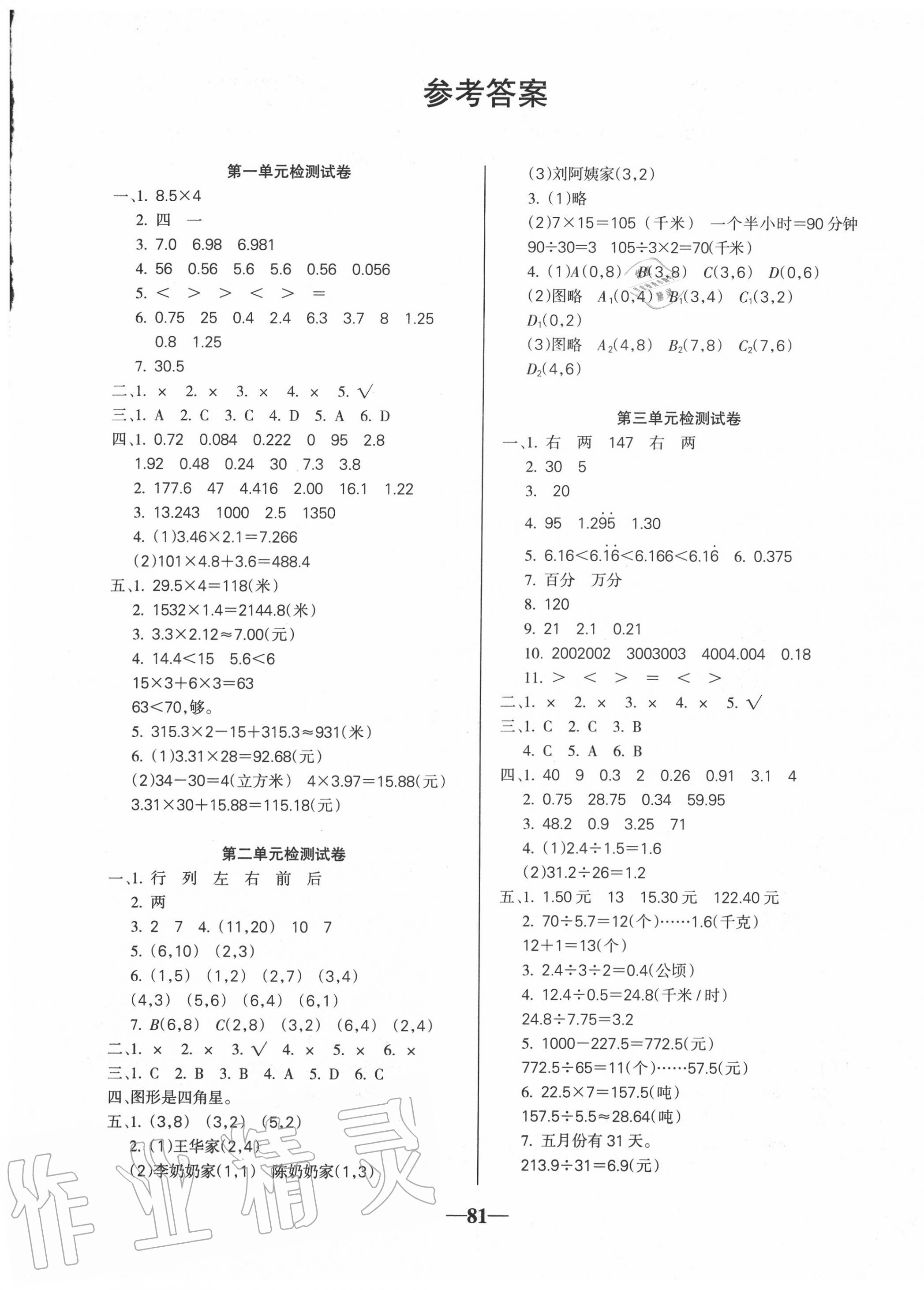 2020年名师点睛满分试卷五年级数学上册人教版 第1页