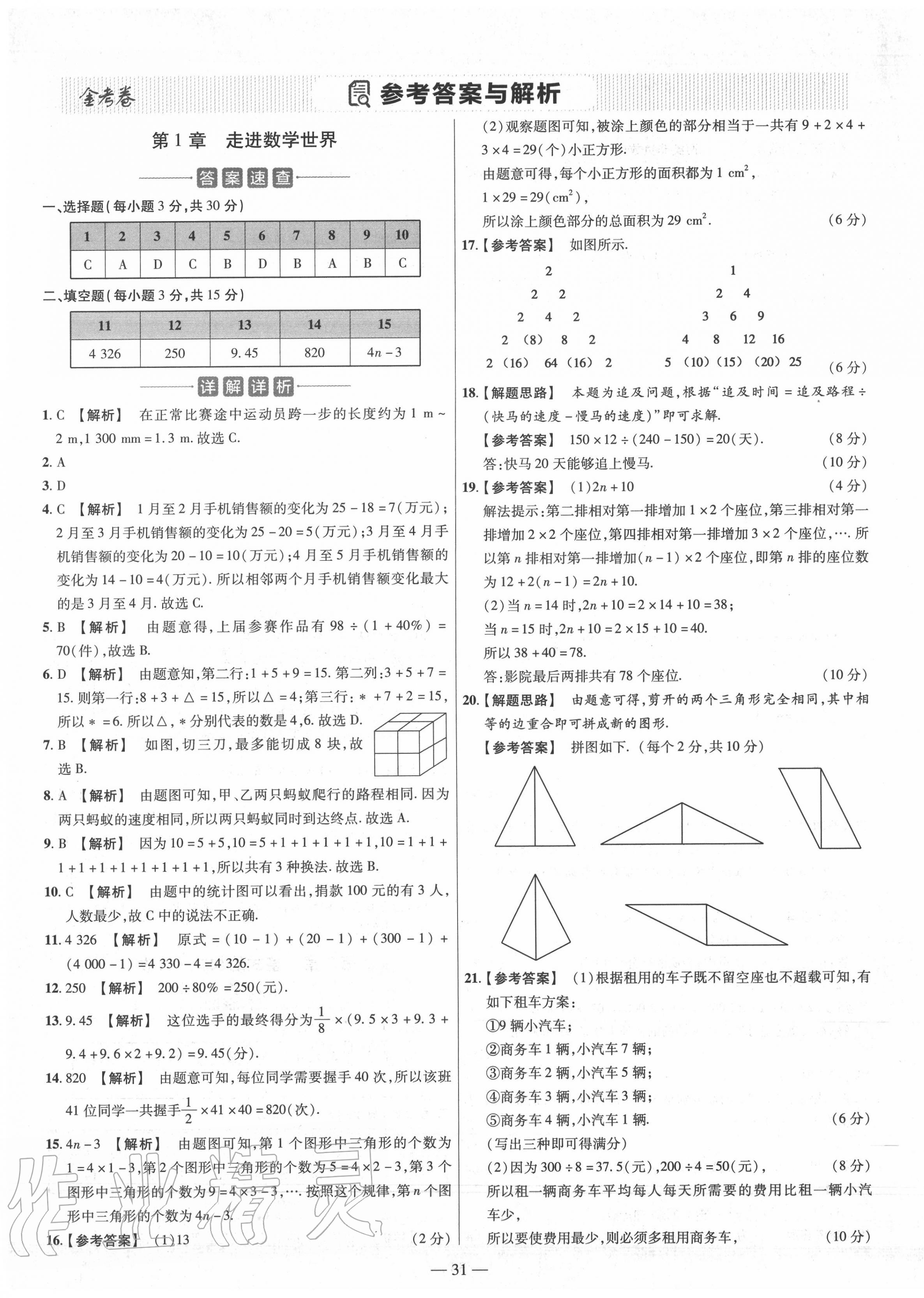 2020年金考卷活頁題選七年級(jí)數(shù)學(xué)上冊(cè)華師大版 參考答案第1頁