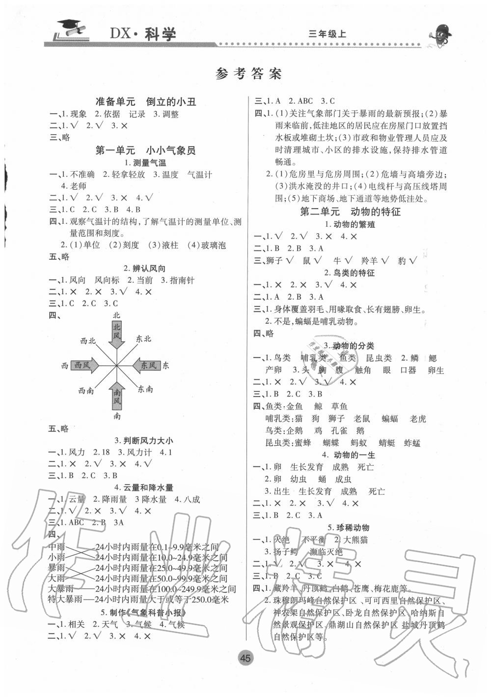 2020年课堂聚焦三年级科学上册大象版 参考答案第1页 参考答案