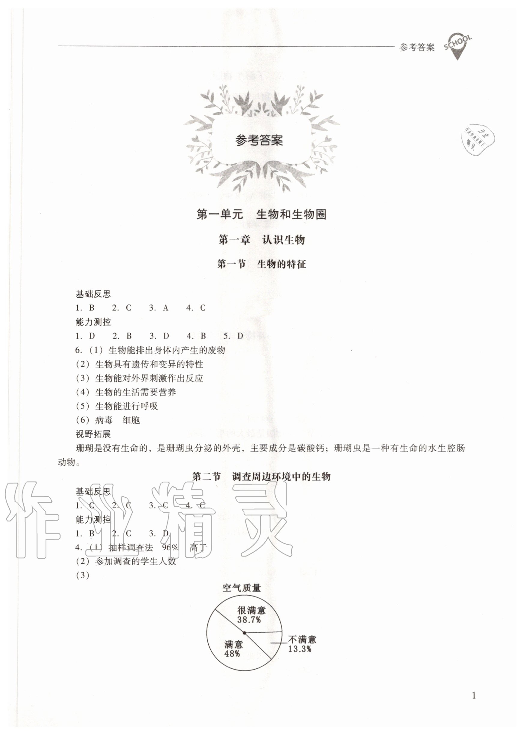 2020年新课程问题解决导学方案七年级生物学上册人教版 参考答案第1页