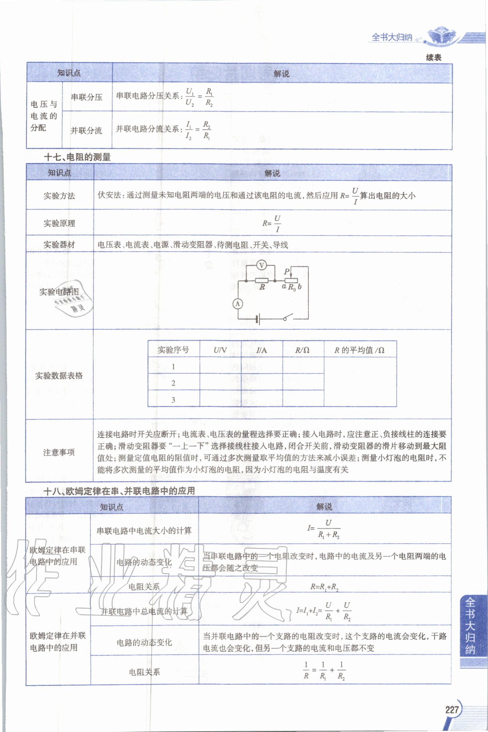 2019年教材课本九年级物理全一册人教版 参考答案第227页