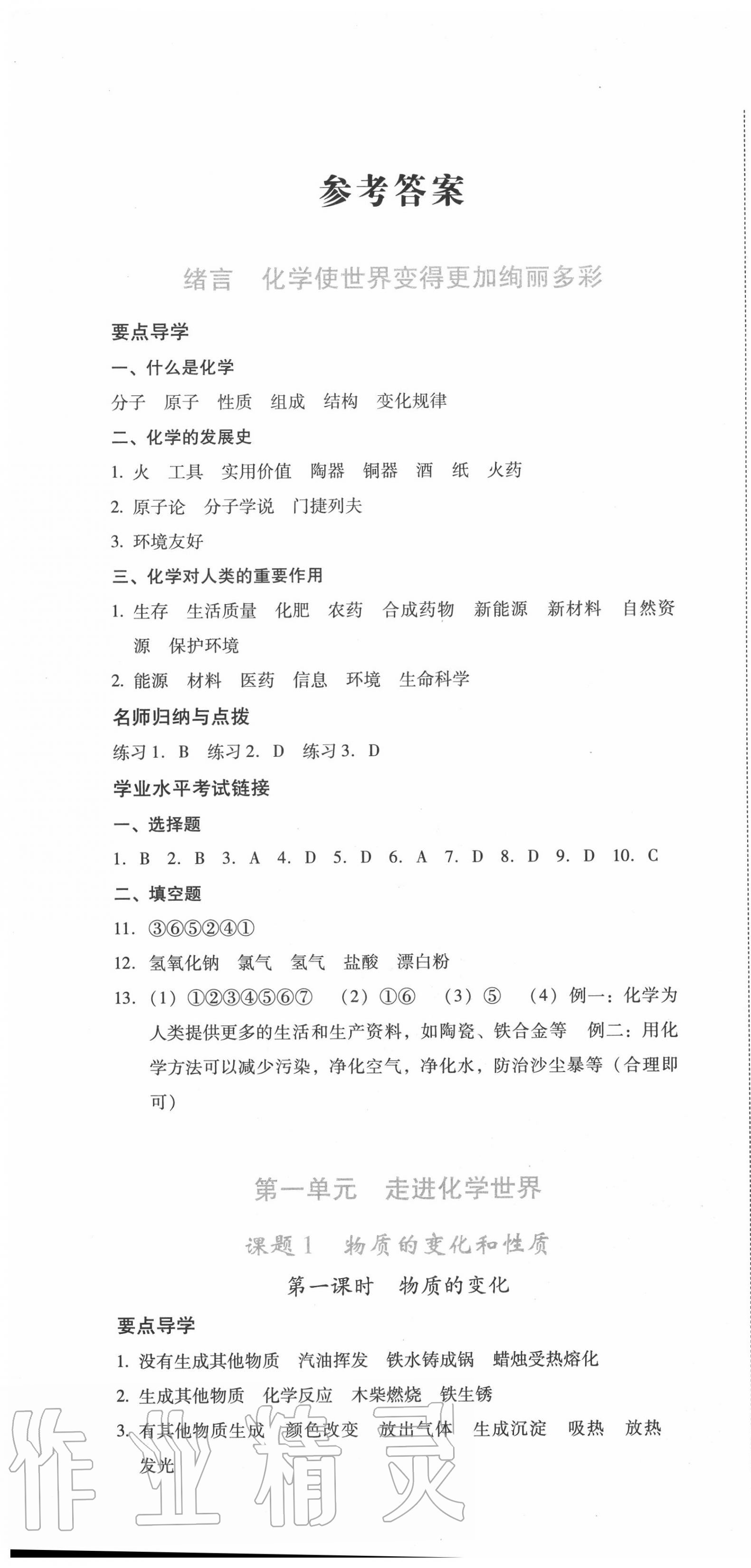 2020年云南省标准教辅优佳学案九年级化学全一册人教版 第1页