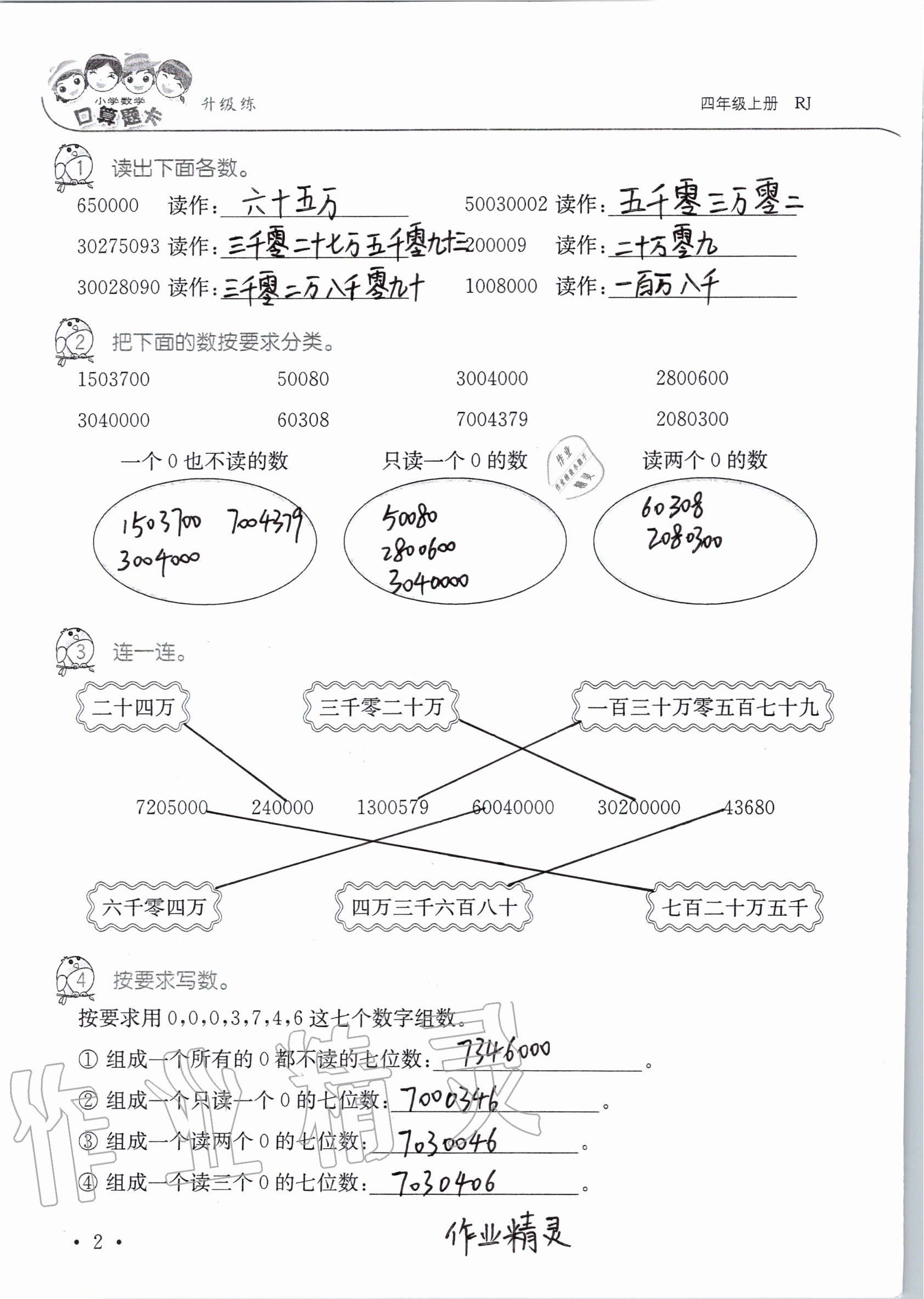 2020年小學(xué)數(shù)學(xué)口算題卡升級練四年級上冊人教版 參考答案第3頁