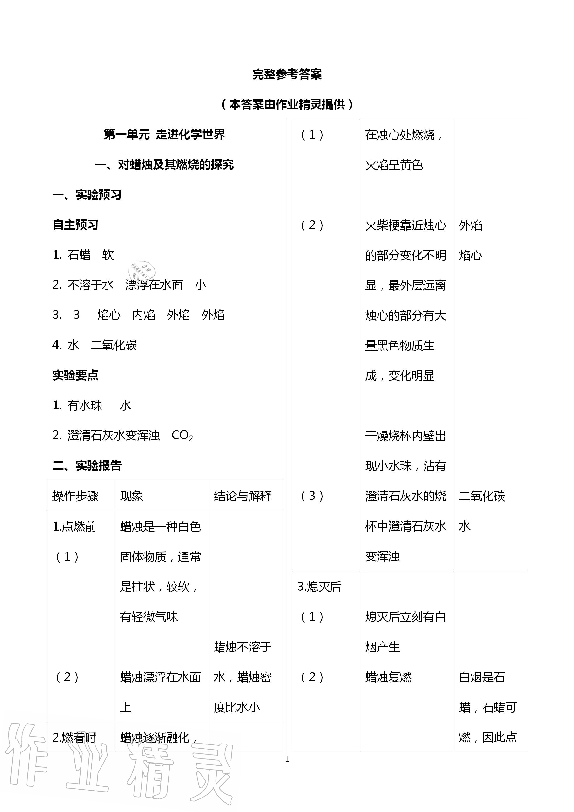 2020年长江作业本实验报告九年级化学上册人教版 第1页