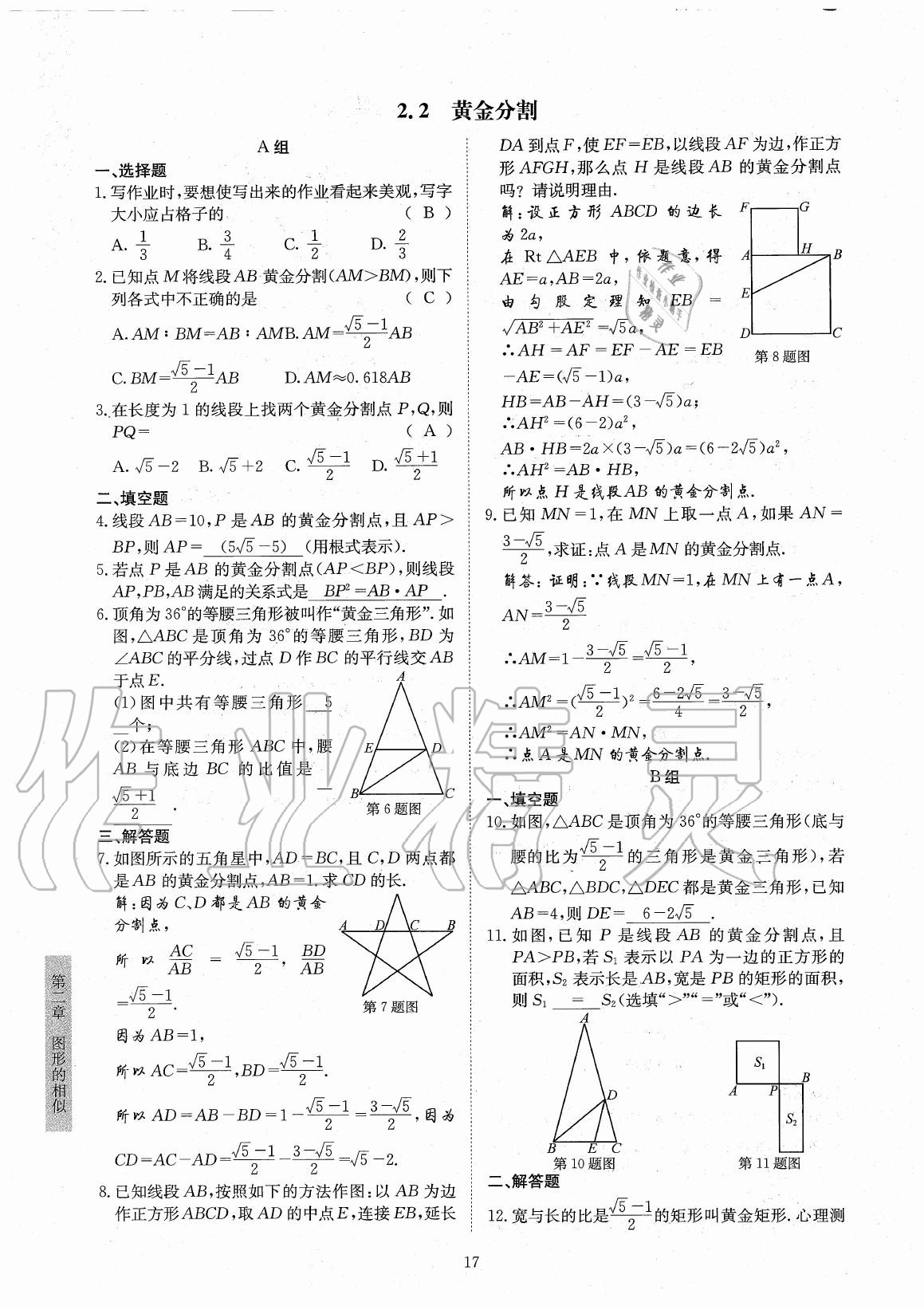 2020年金典训练九年级数学全一册北师大版 参考答案第17页