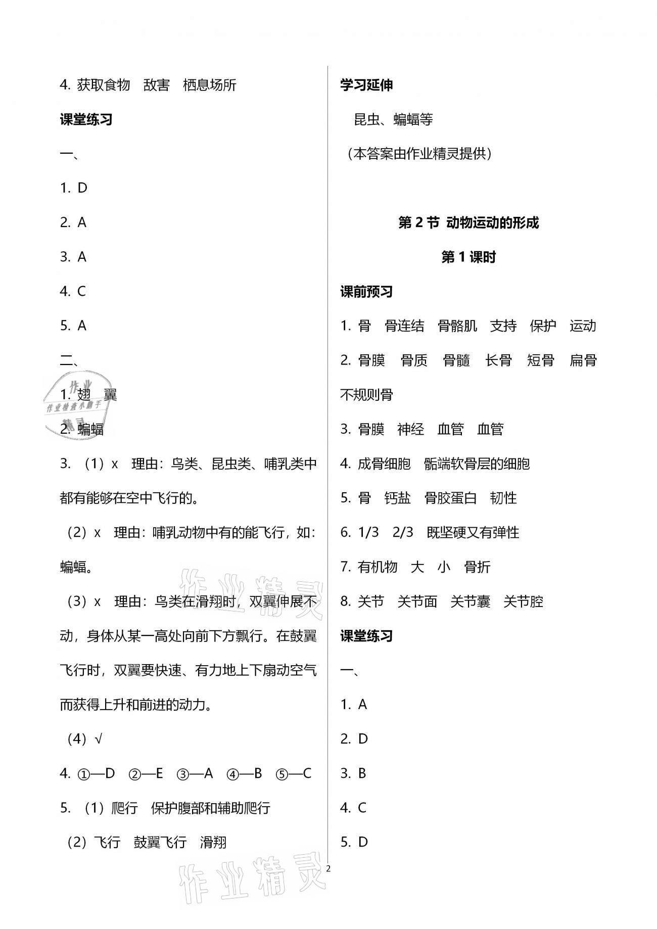 2020年基礎(chǔ)訓(xùn)練八年級生物學(xué)上冊北師大版大象出版社 參考答案第2頁