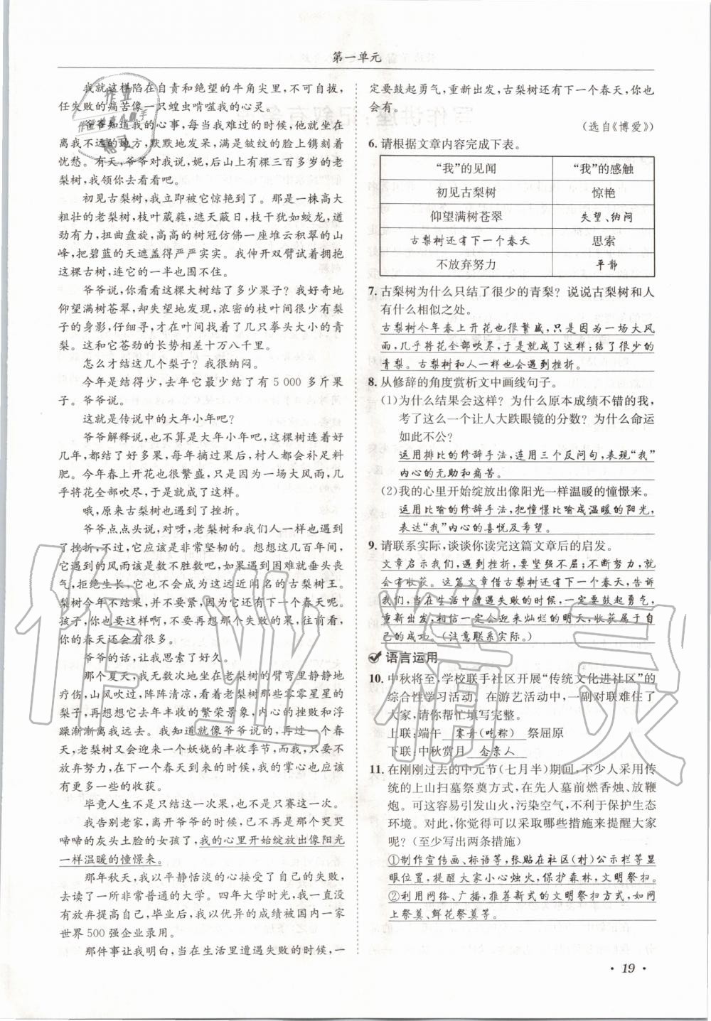 2020年蓉城学霸八年级语文上册人教版 参考答案第19页