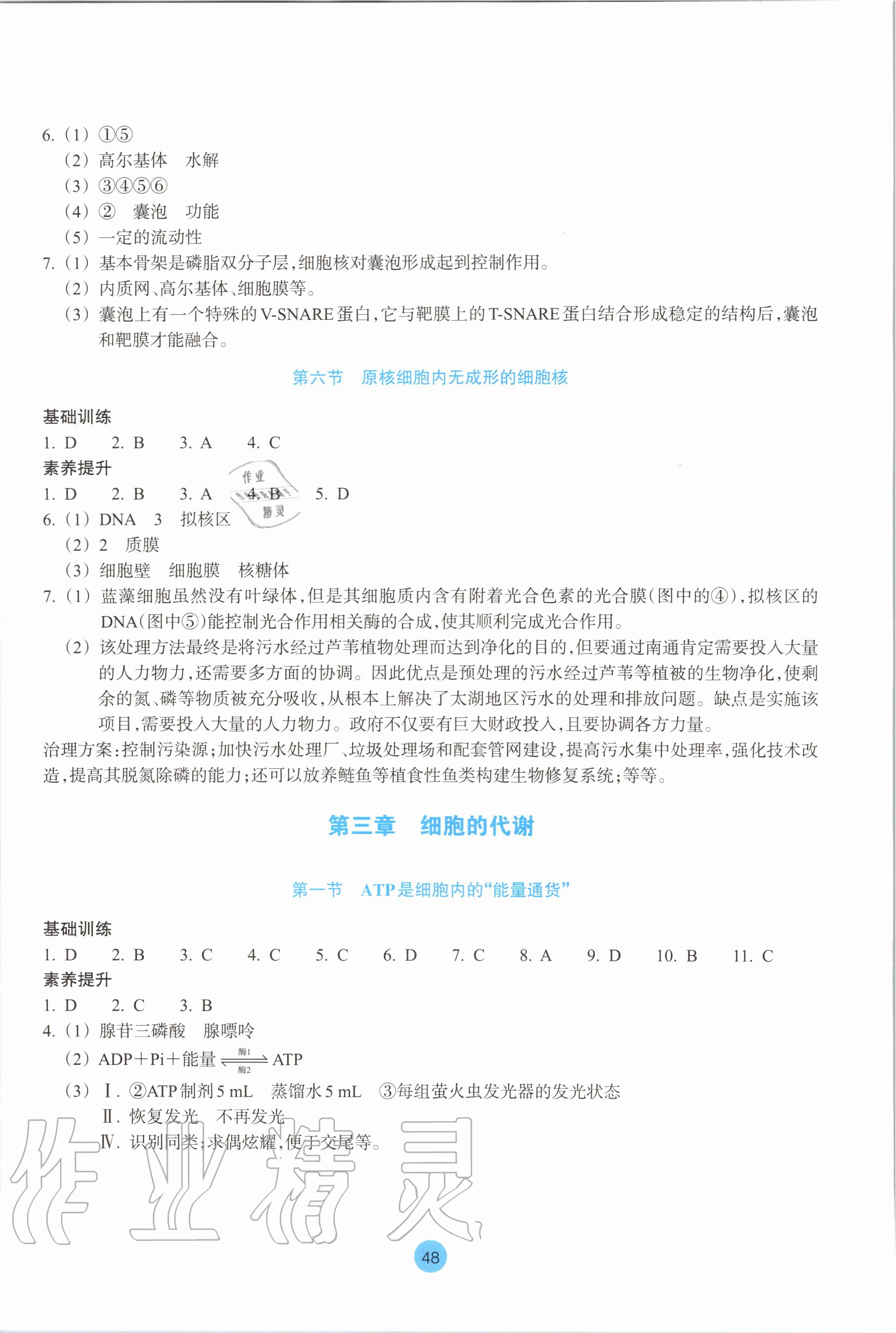 2020年作业本必修1生物浙教版浙江教育出版社 参考答案第4页