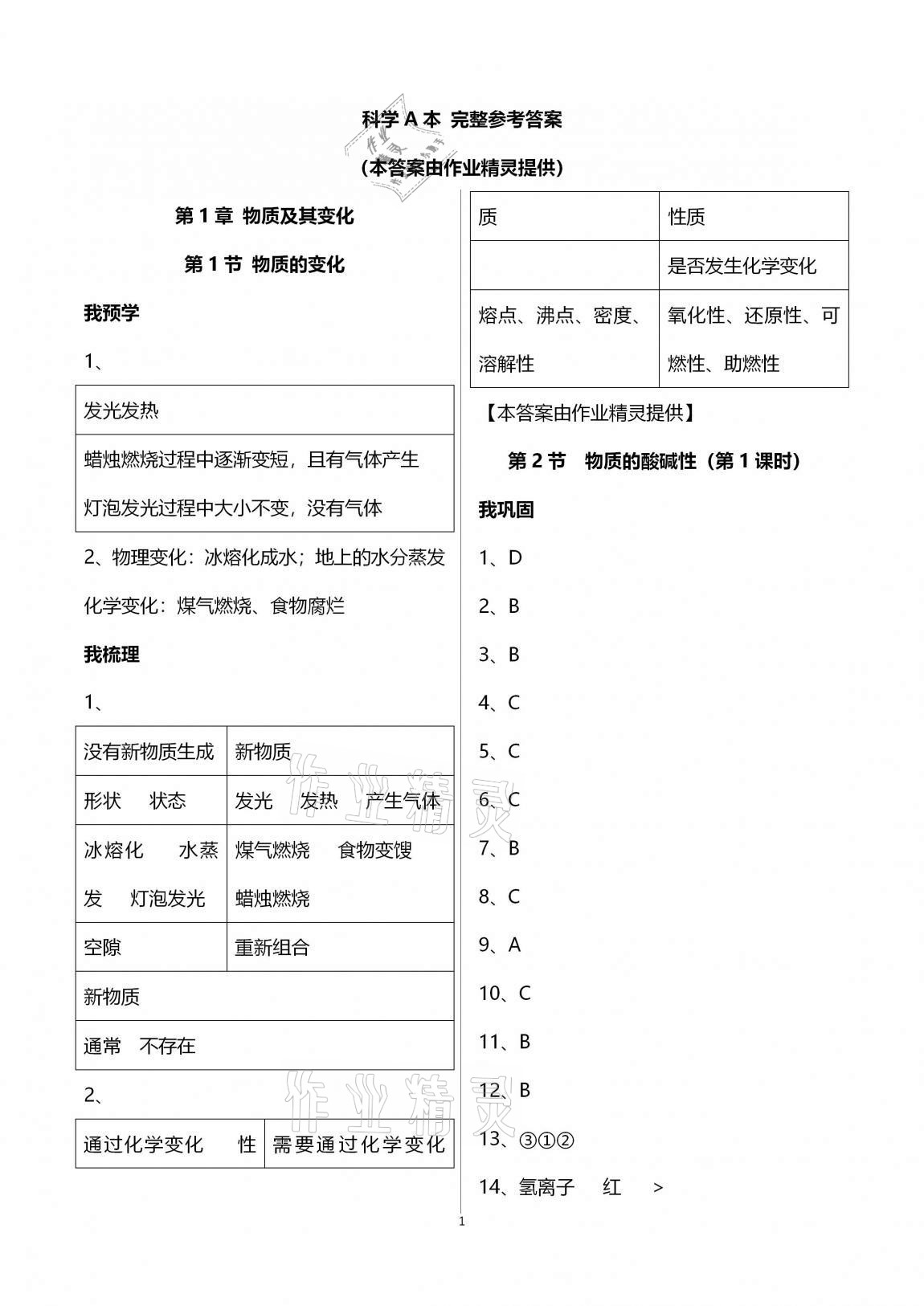 2020年導(dǎo)學(xué)新作業(yè)九年級科學(xué)上冊浙教版A版 第1頁