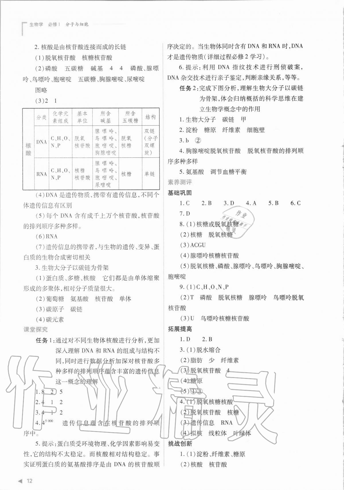 2020年普通高中新課程同步練習(xí)冊生物學(xué)必修1分子與細(xì)胞人教版 參考答案第12頁