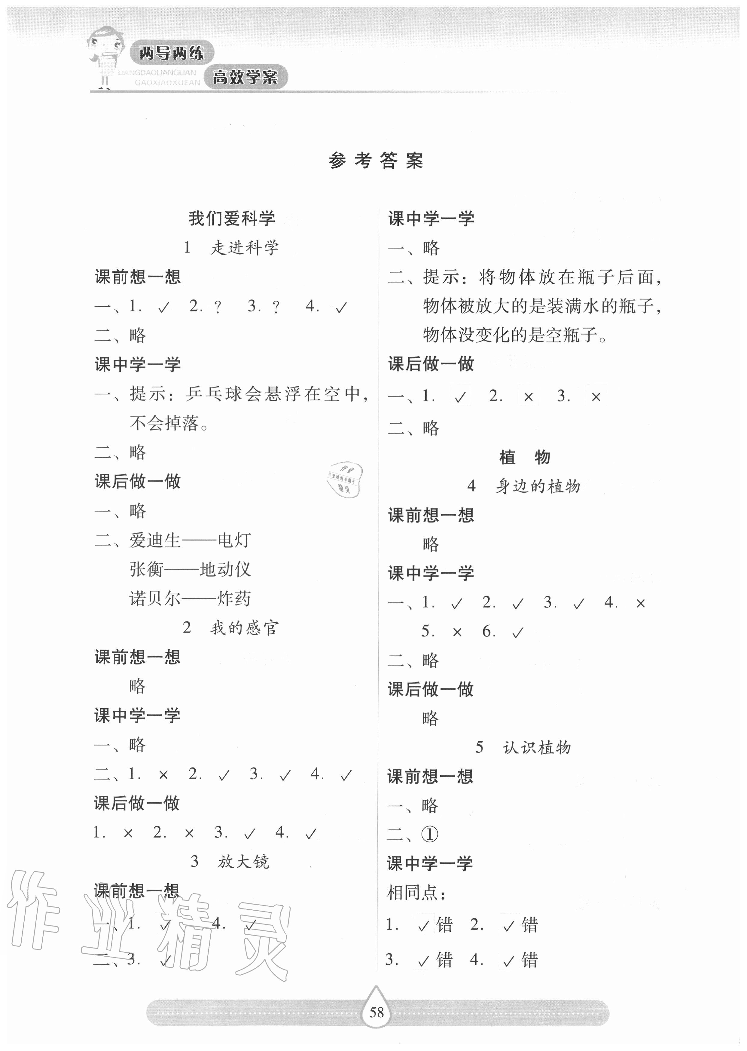 2020年新课标两导两练高效学案一年级科学上册冀人版答案