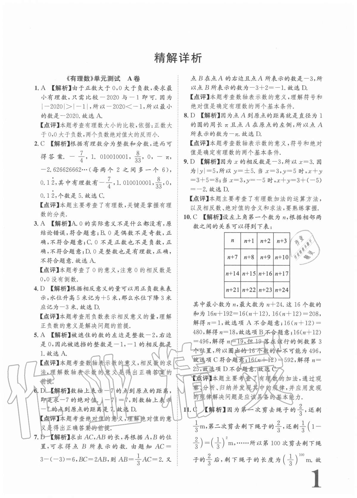 2020年标准卷七年级数学上册人教版重庆专版长江出版社 参考答案第1页