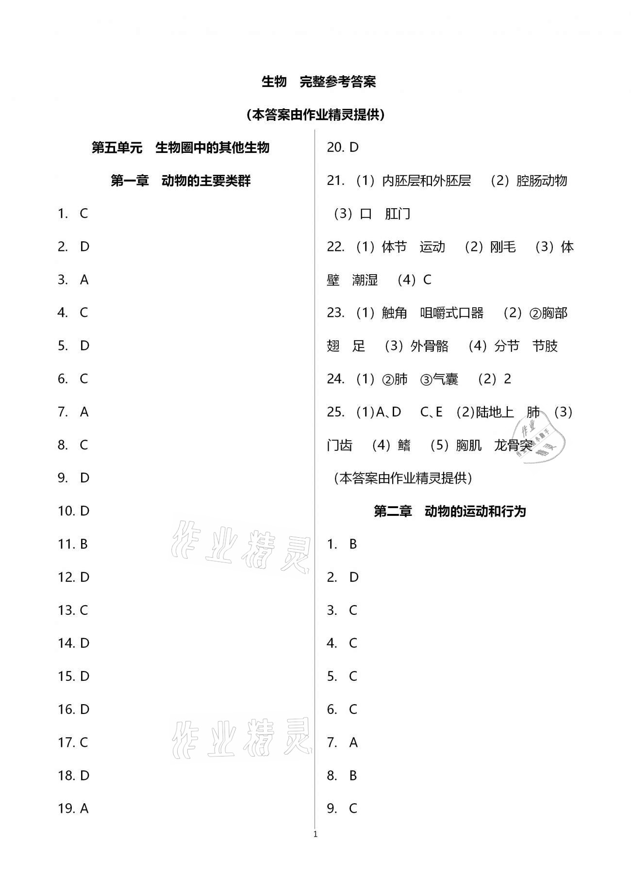 2020年新課標(biāo)節(jié)節(jié)高單元評價(jià)與階段月考試卷八年級生物學(xué)上冊人教版 參考答案第1頁