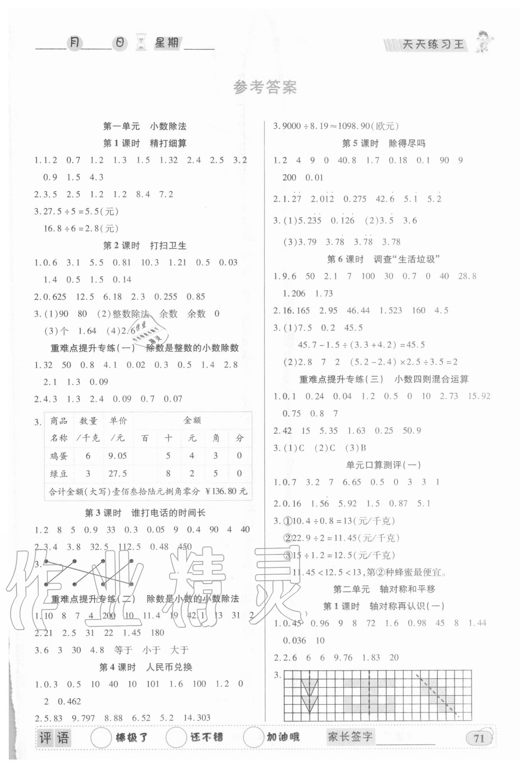 2020年天天練習王口算題卡口算速算巧算五年級上冊北師大版 第1頁