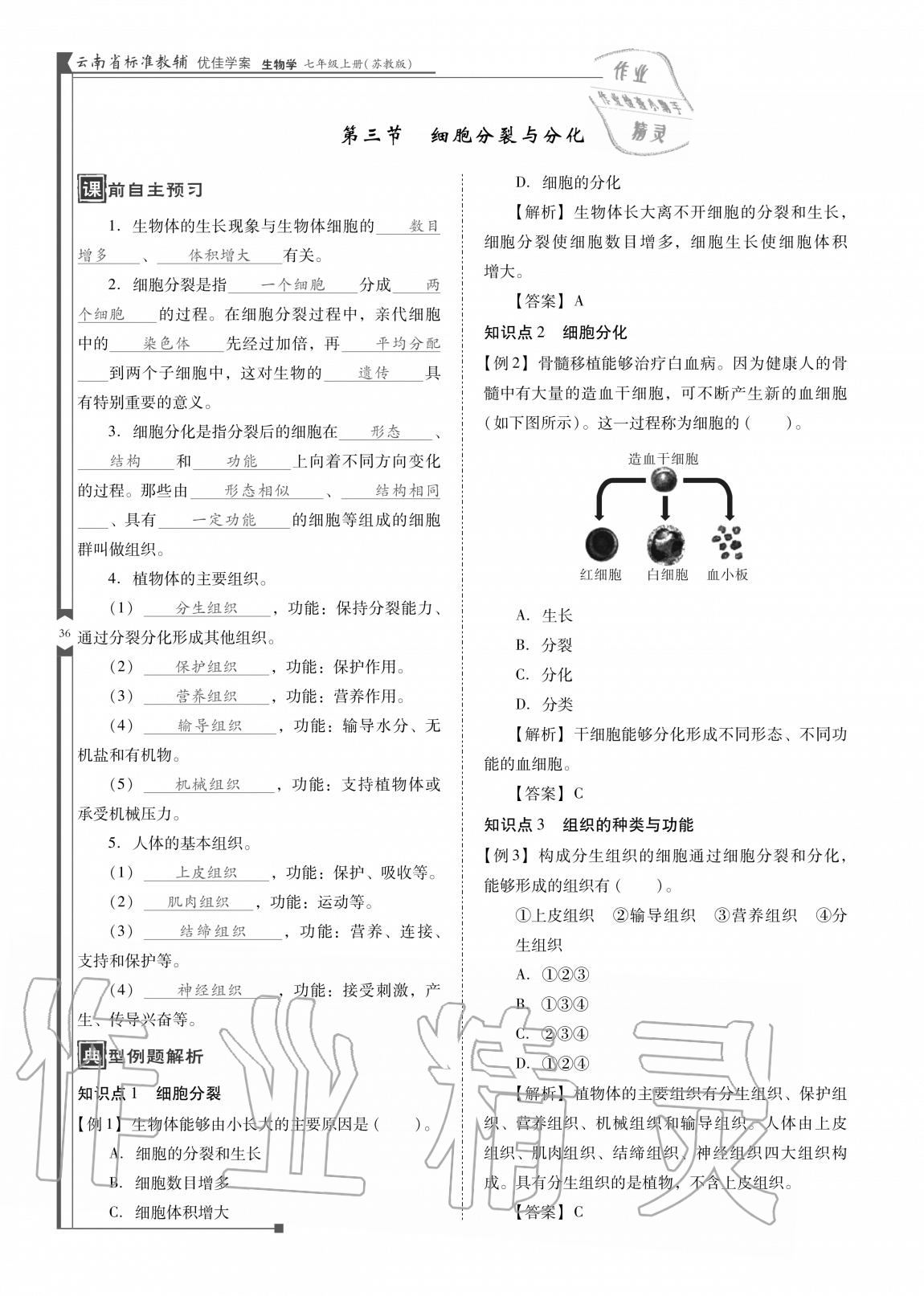 2020年云南省标准教辅优佳学案七年级生物上册苏教版 参考答案第36页