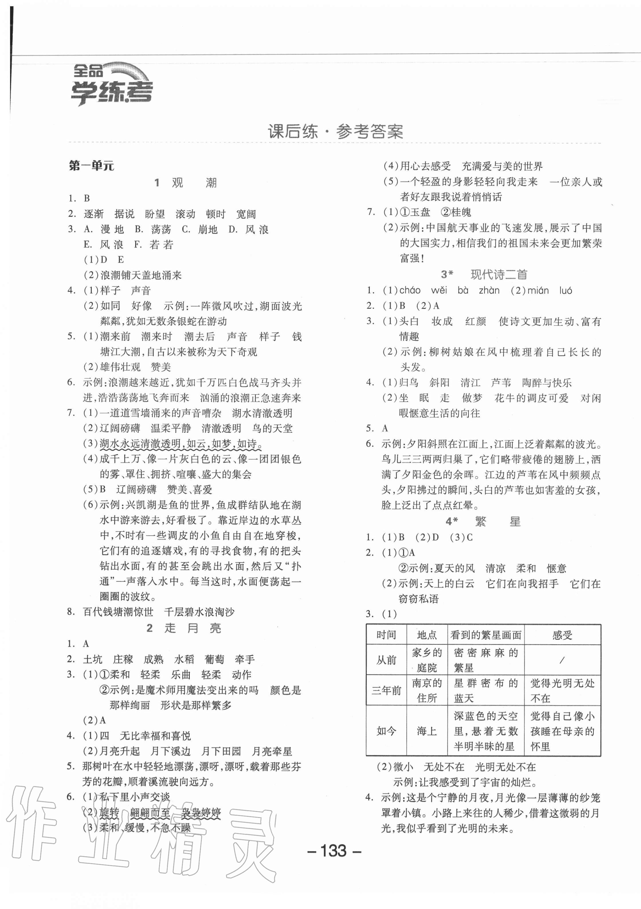 2020年全品學(xué)練考四年級(jí)語文上冊(cè)人教版北京專版 參考答案第1頁