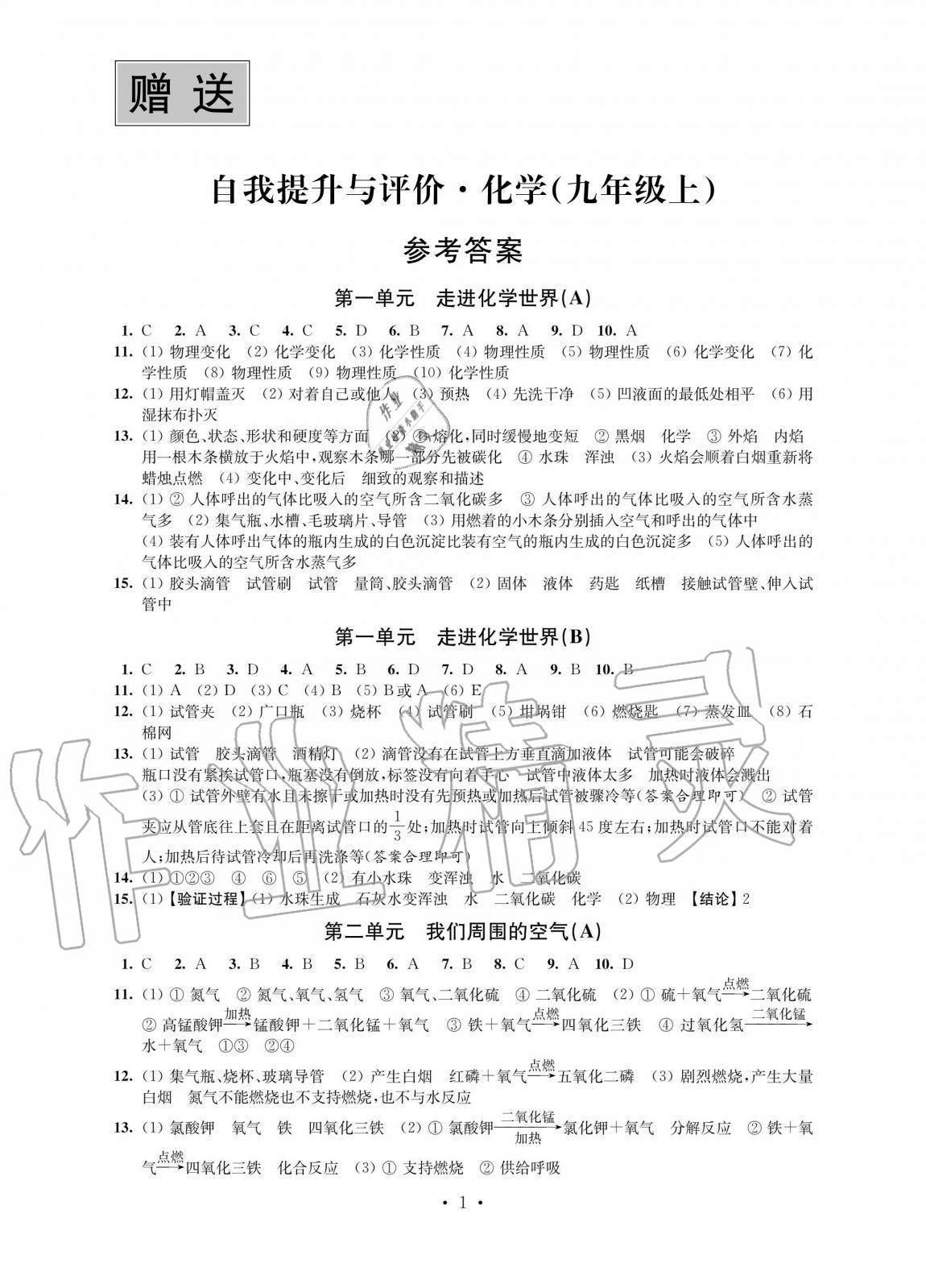 2020年自我提升与评价九年级化学上册人教版 第1页