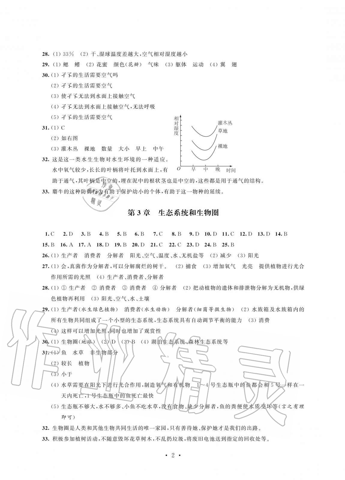 2020年自我提升与评价七年级生物上册人教版 参考答案第2页