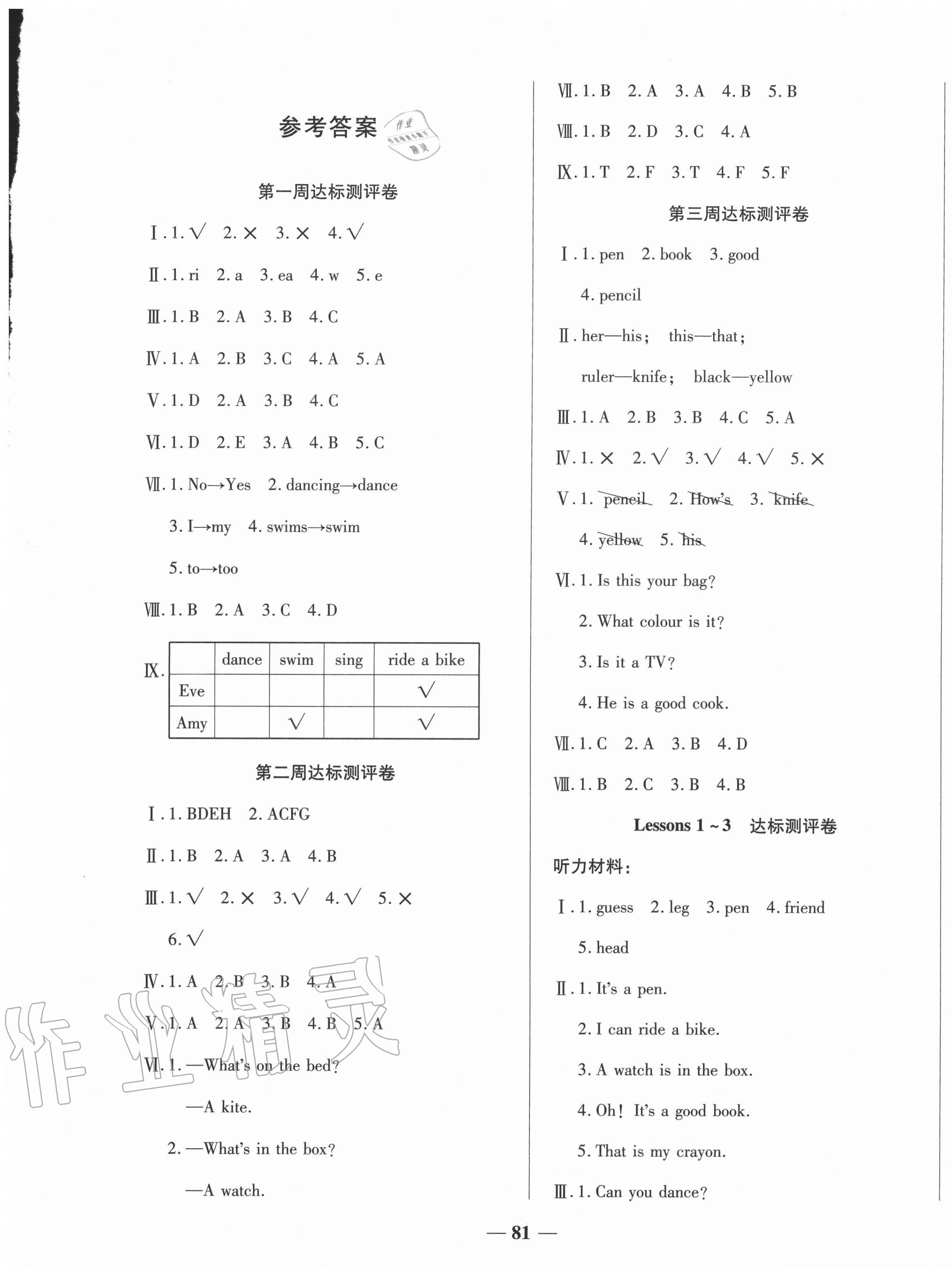 练习册 2020年金优教辅全能练考卷四年级英语上册科普版答案主要是