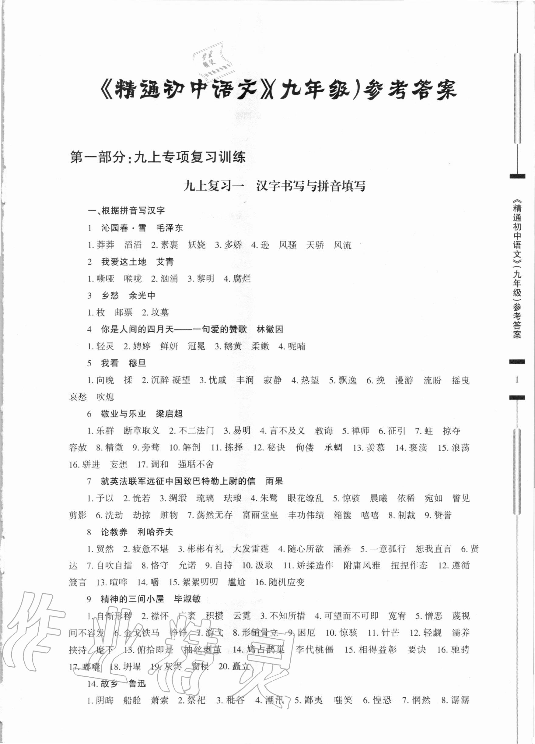 2020年精通初中语文九年级人教版 第1页
