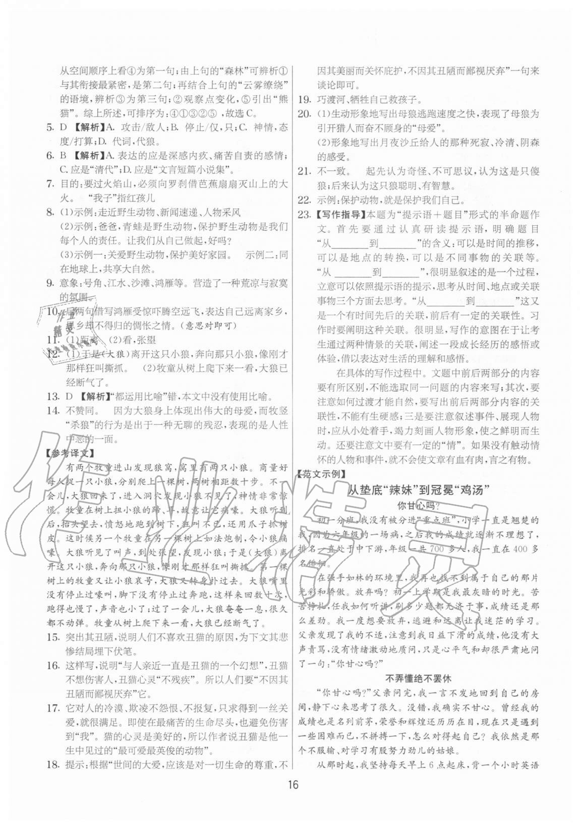 2020年實驗班提優(yōu)大考卷七年級語文上冊人教版江蘇專用 參考答案第16頁