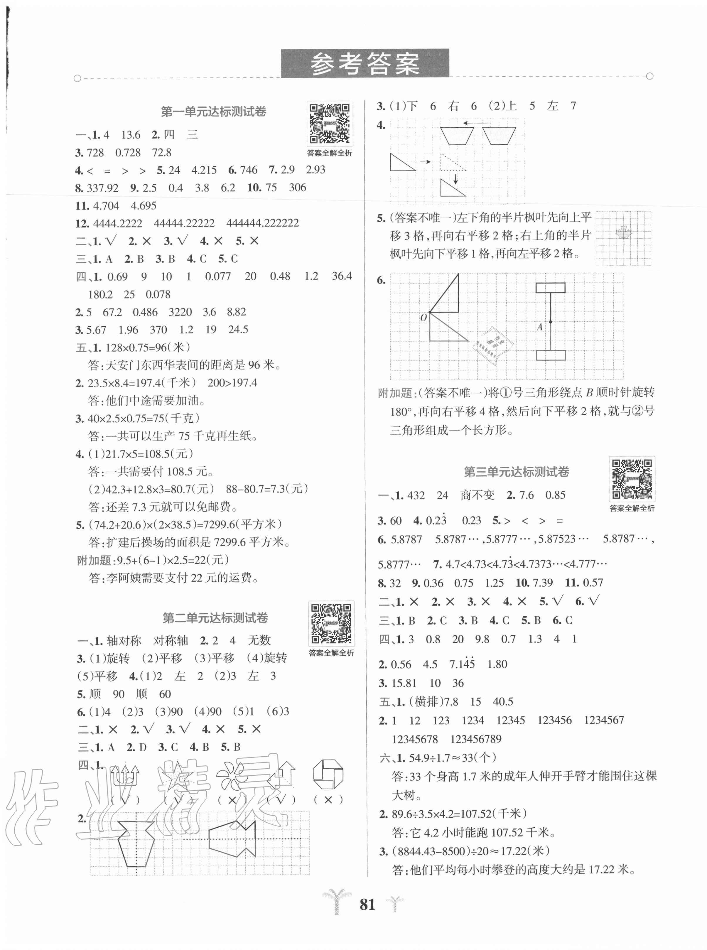 2021年小学学霸冲a卷五年级数学下册青岛版第1页参考答案