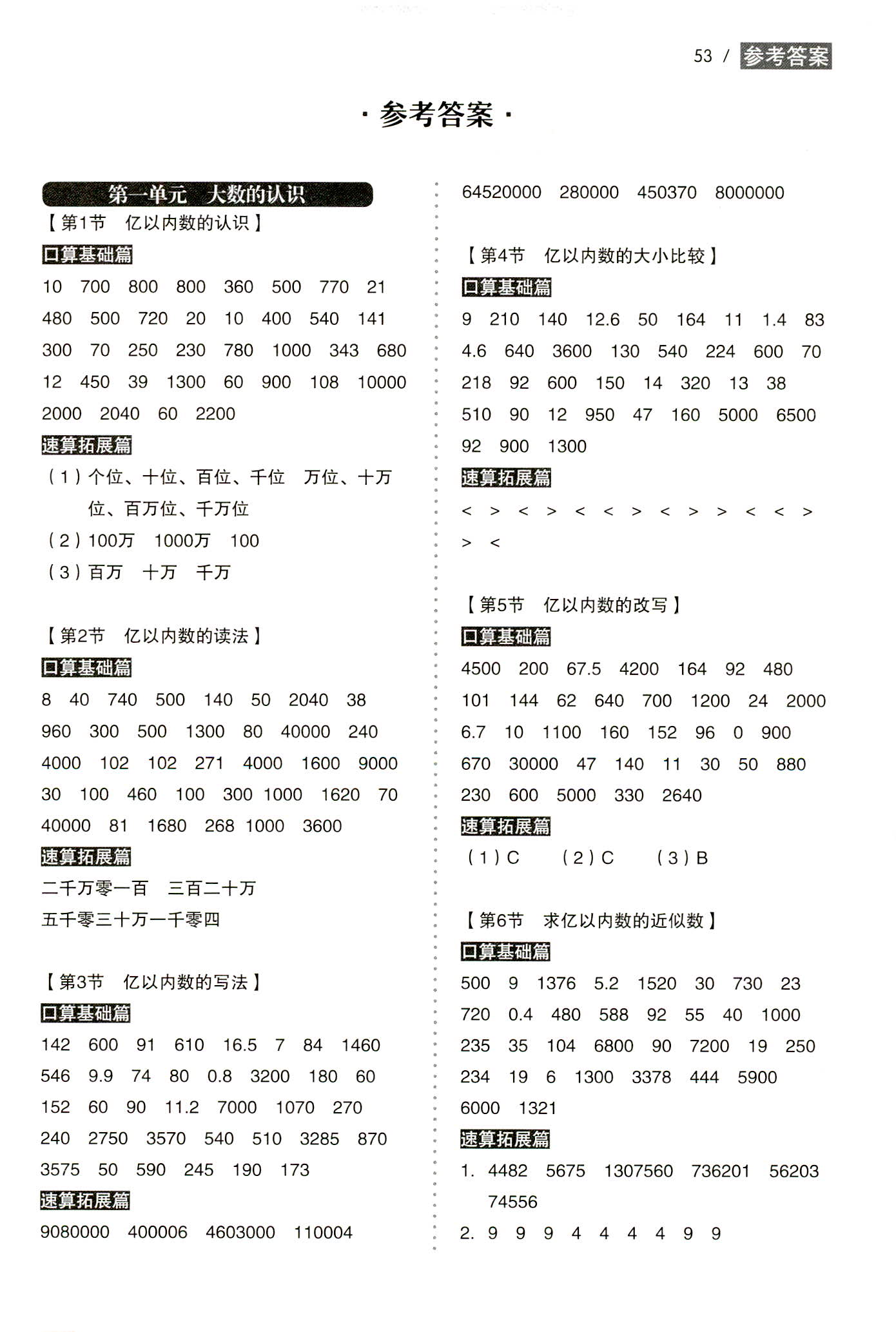 2020年小学生口算速算同步练四年级数学上册人教版参考答案第1页参考