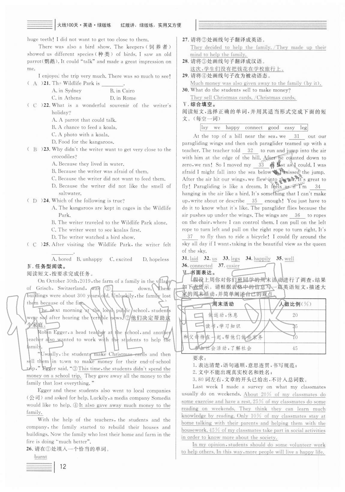 2021年火線100天中考滾動復習法英語 參考答案第12頁