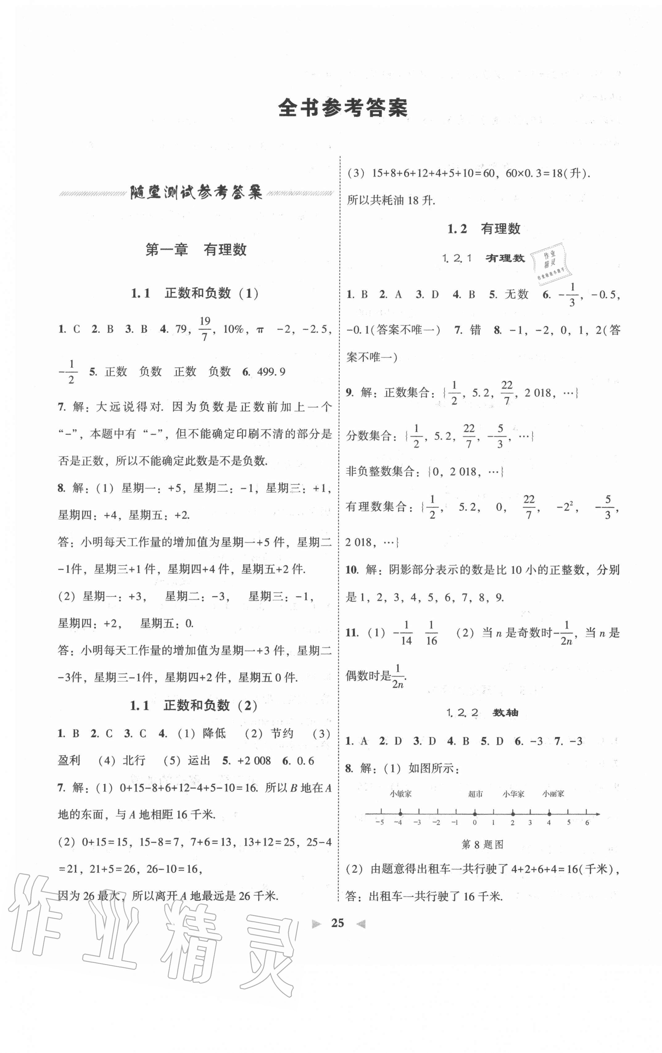 年尖子生课时作业七年级数学上册人教版大连专用 第1页 参考答案