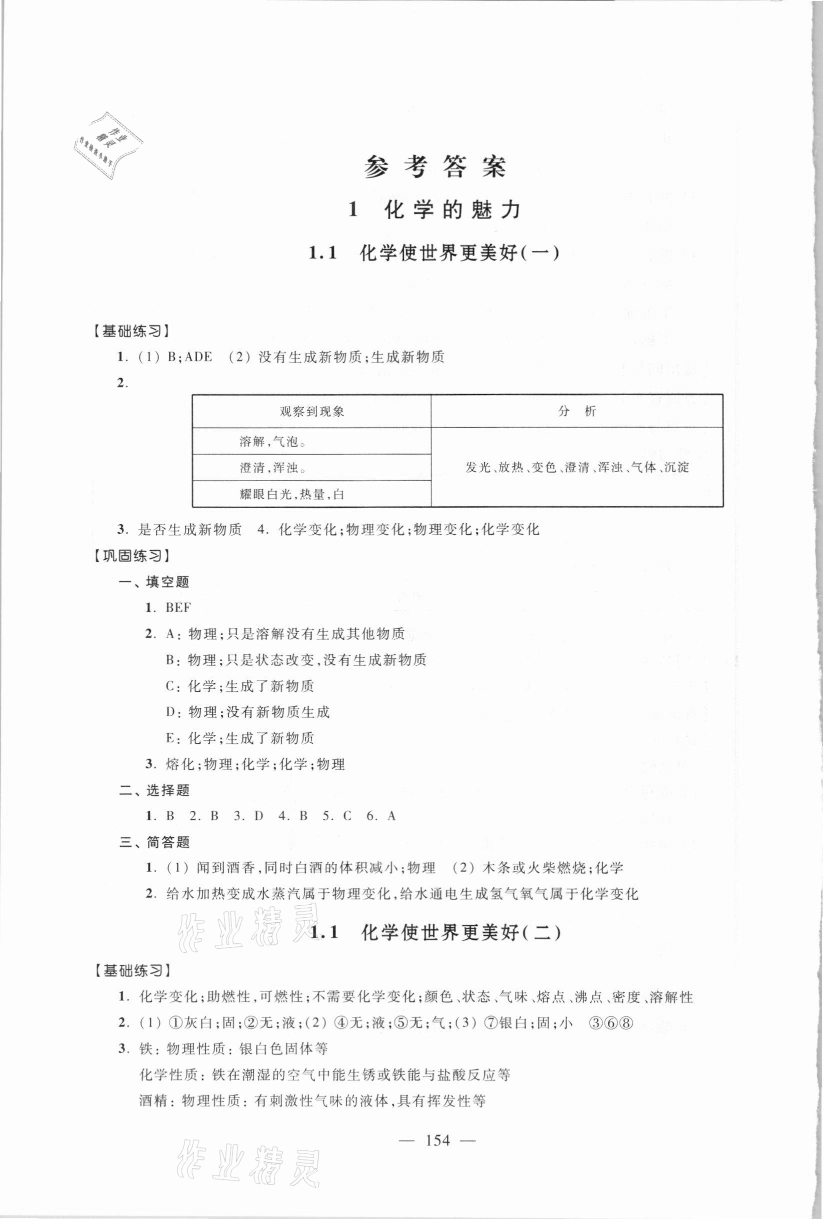 2020年优化作业九年级化学上册沪教版上海科技文献出版社 参考答案第1页