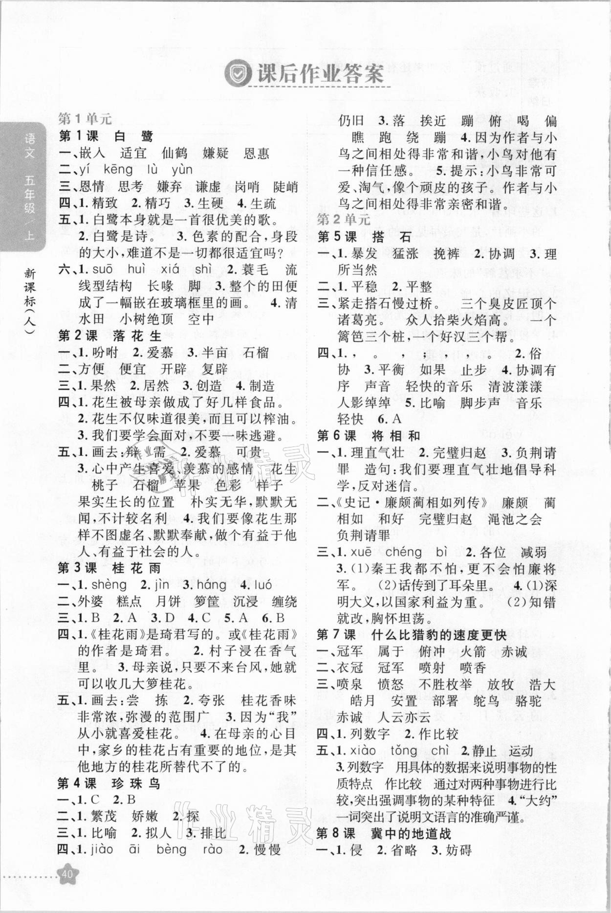 2020年小學(xué)教材完全解讀五年級語文上冊人教版 參考答案第1頁