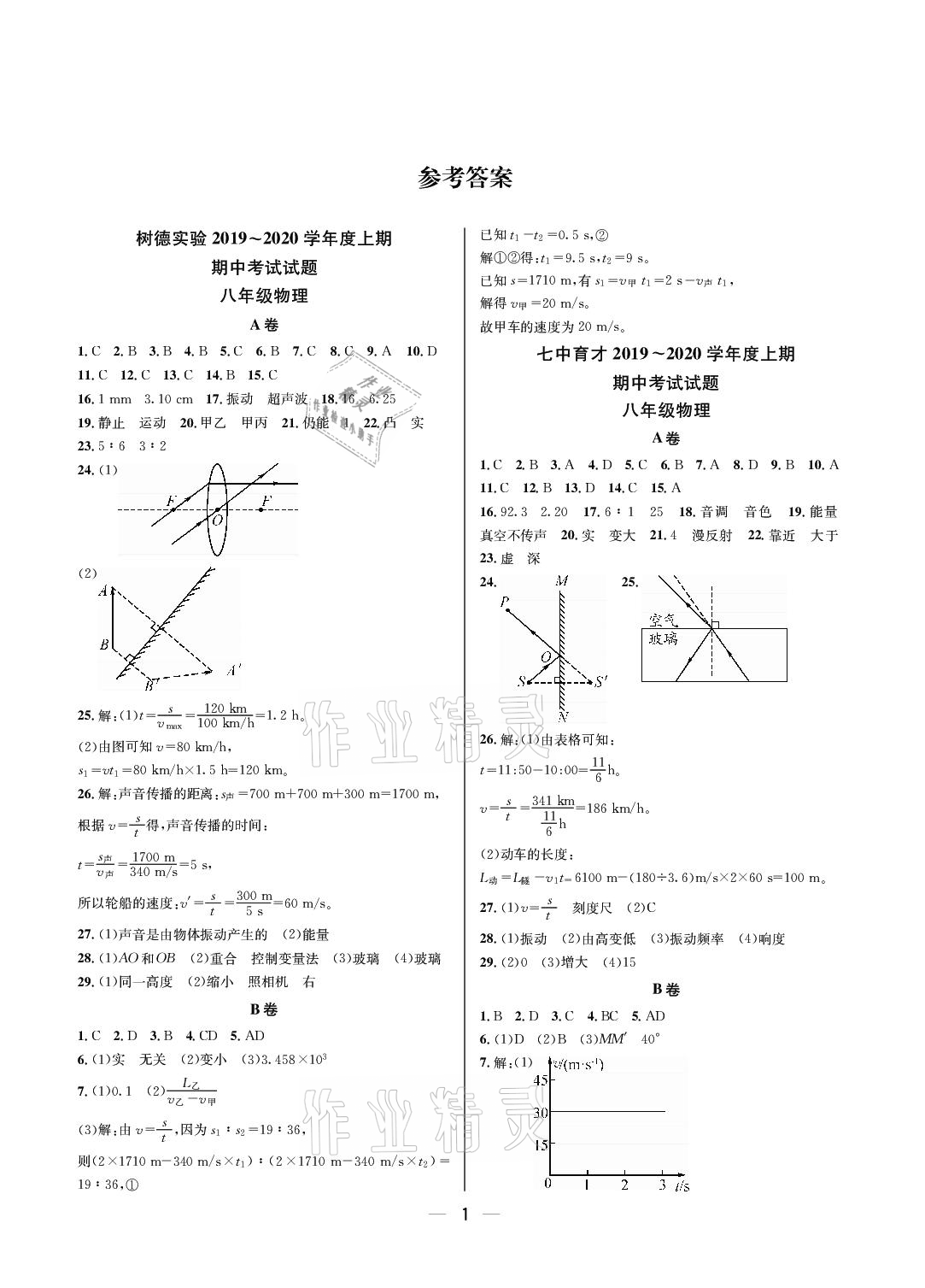 2020年百練成鋼八年級(jí)物理上冊(cè)人教版 參考答案第1頁