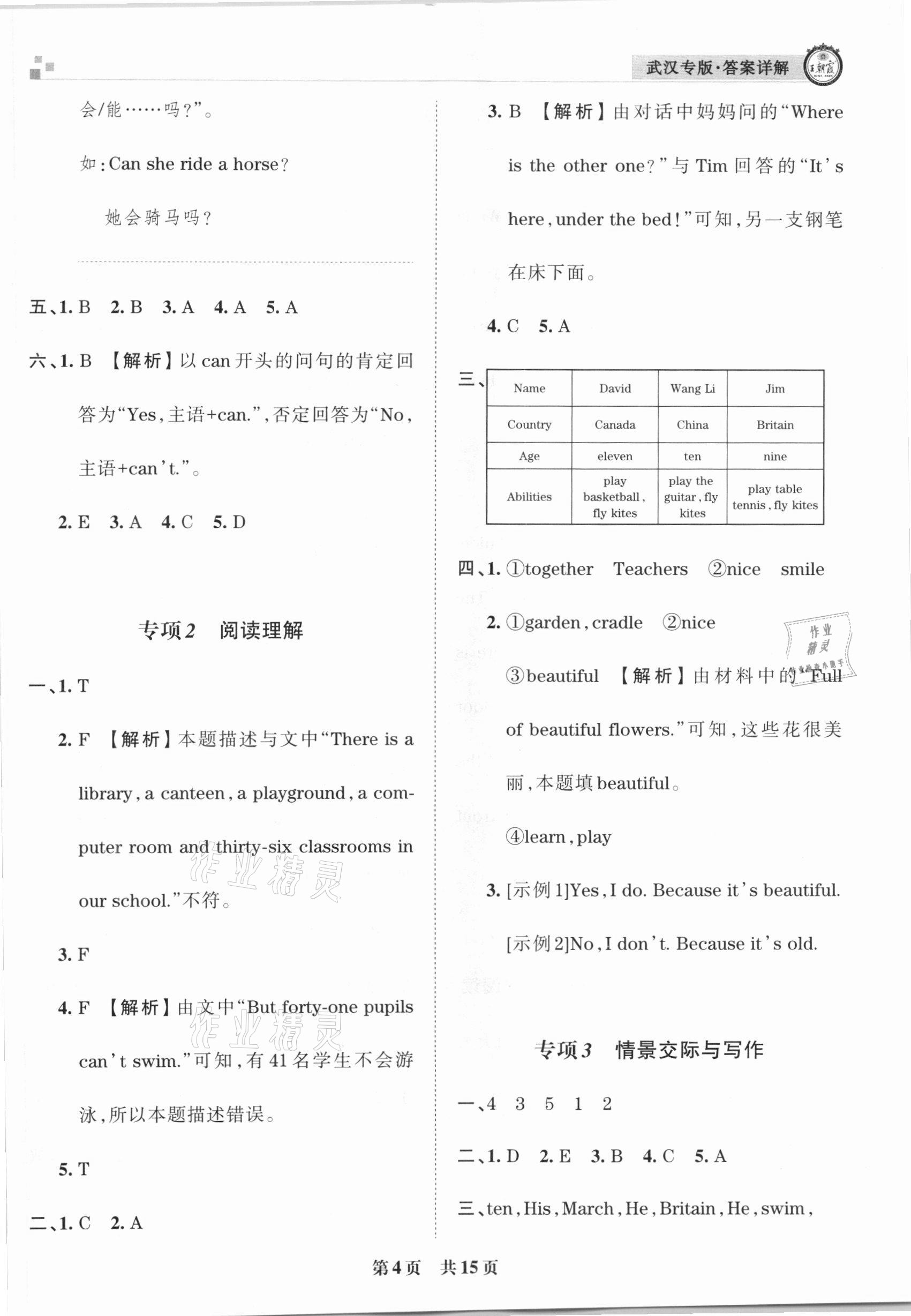 2020年王朝霞期末真題精編四年級英語上冊劍橋版武漢專版 參考答案第4頁