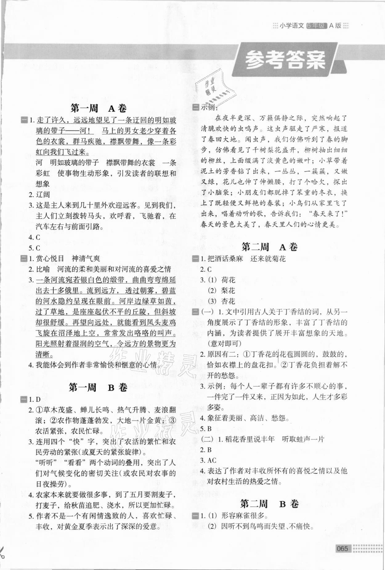 木头马阅读小卷六年级语文人教版a版所有年代上下册答案大全—青夏