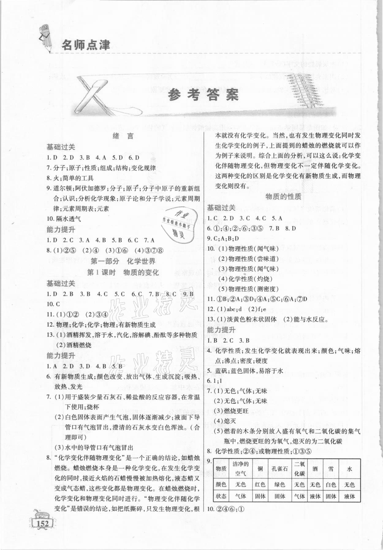 2020年名师点津八年级化学上册教科版答案