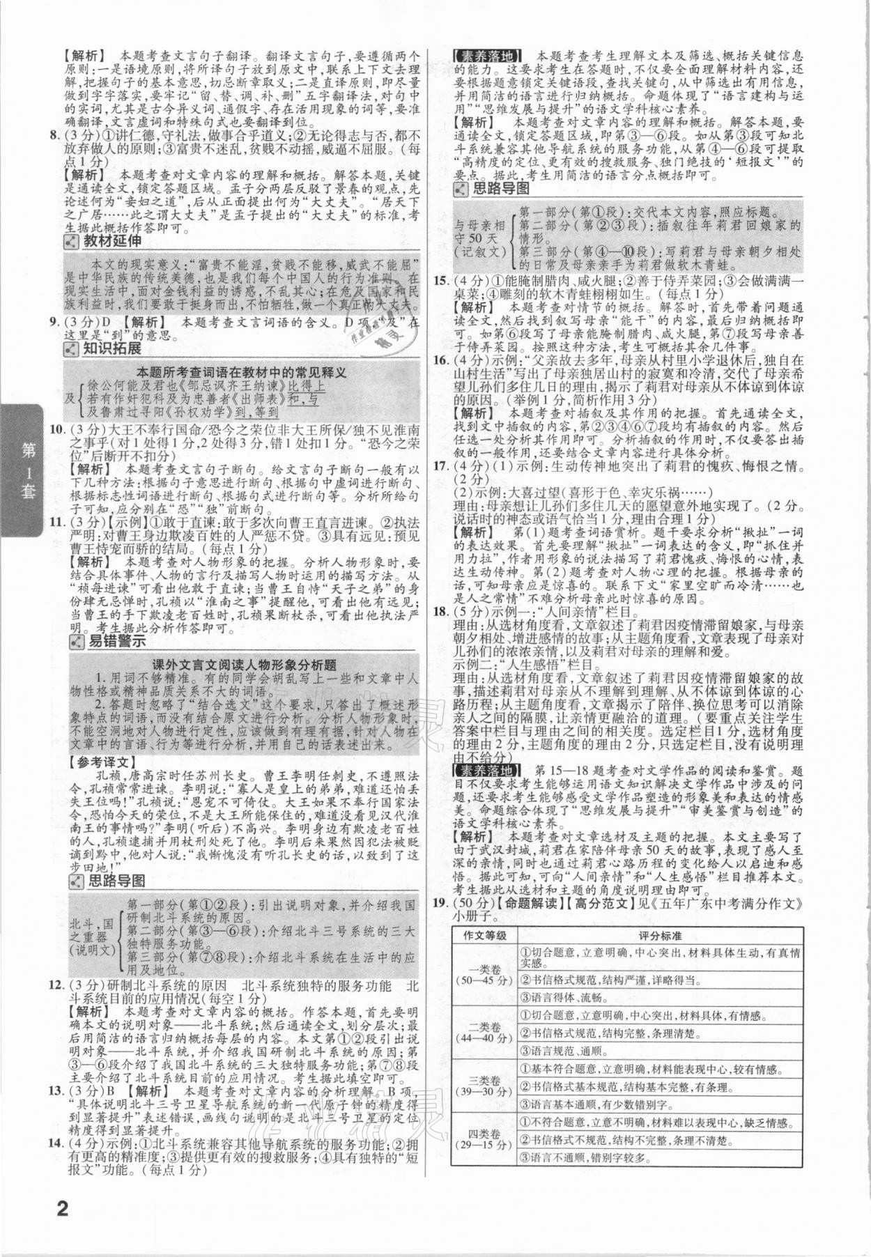 2021年金考卷广东中考45套汇编语文 参考答案第2页