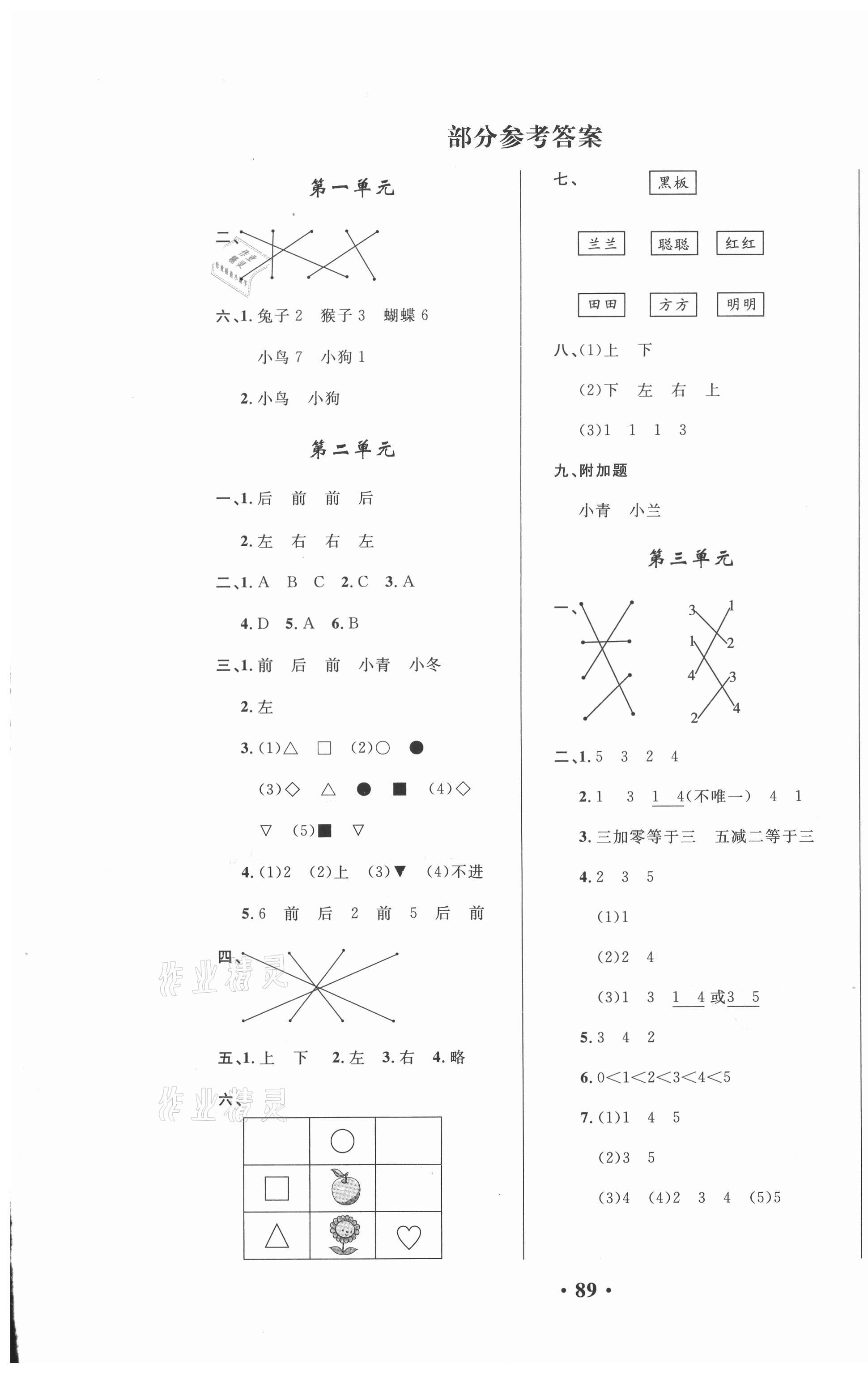 名师教你课堂达标100分测试卷一年级数学上册人教版 > 第1页 参考答案