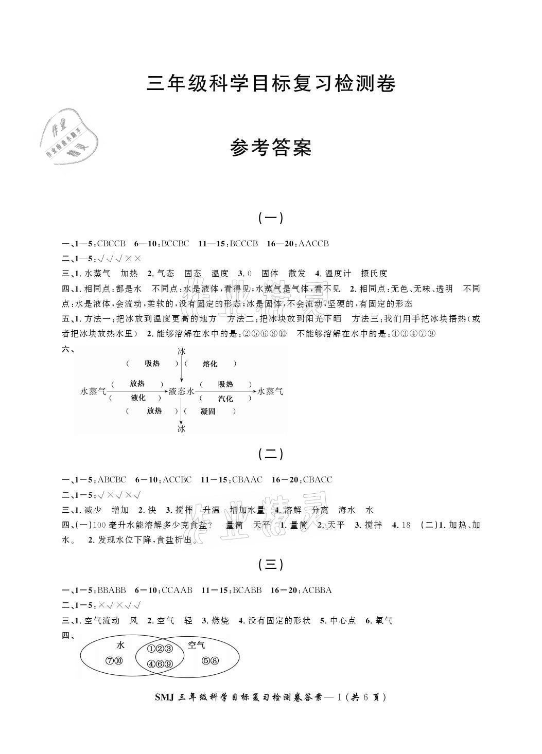 2020年科学目标复习检测卷三年级上册教科版参考答案第1页参考答案