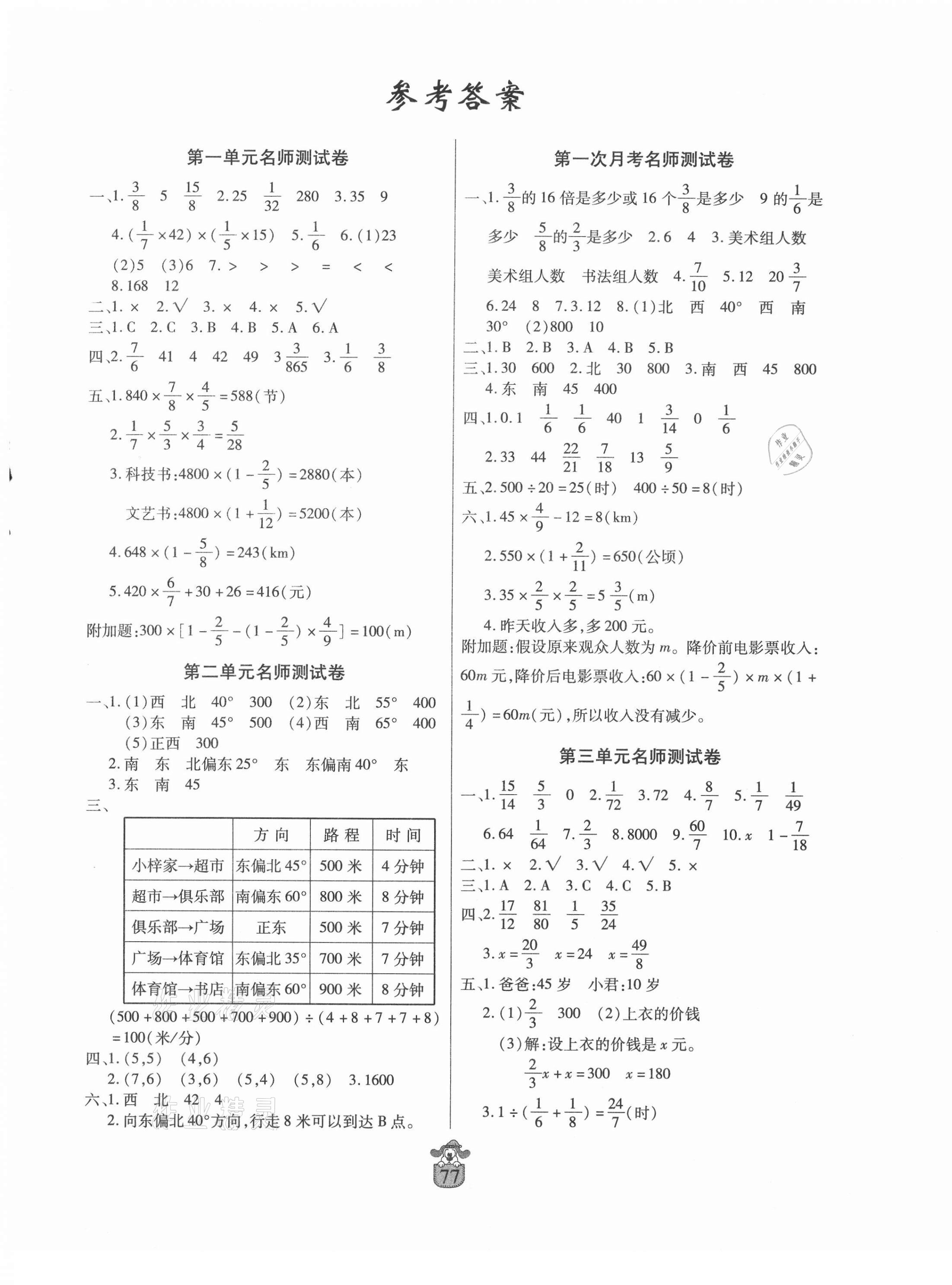 2020年鹤翔图书名师100分六年级数学上册人教版 第1页