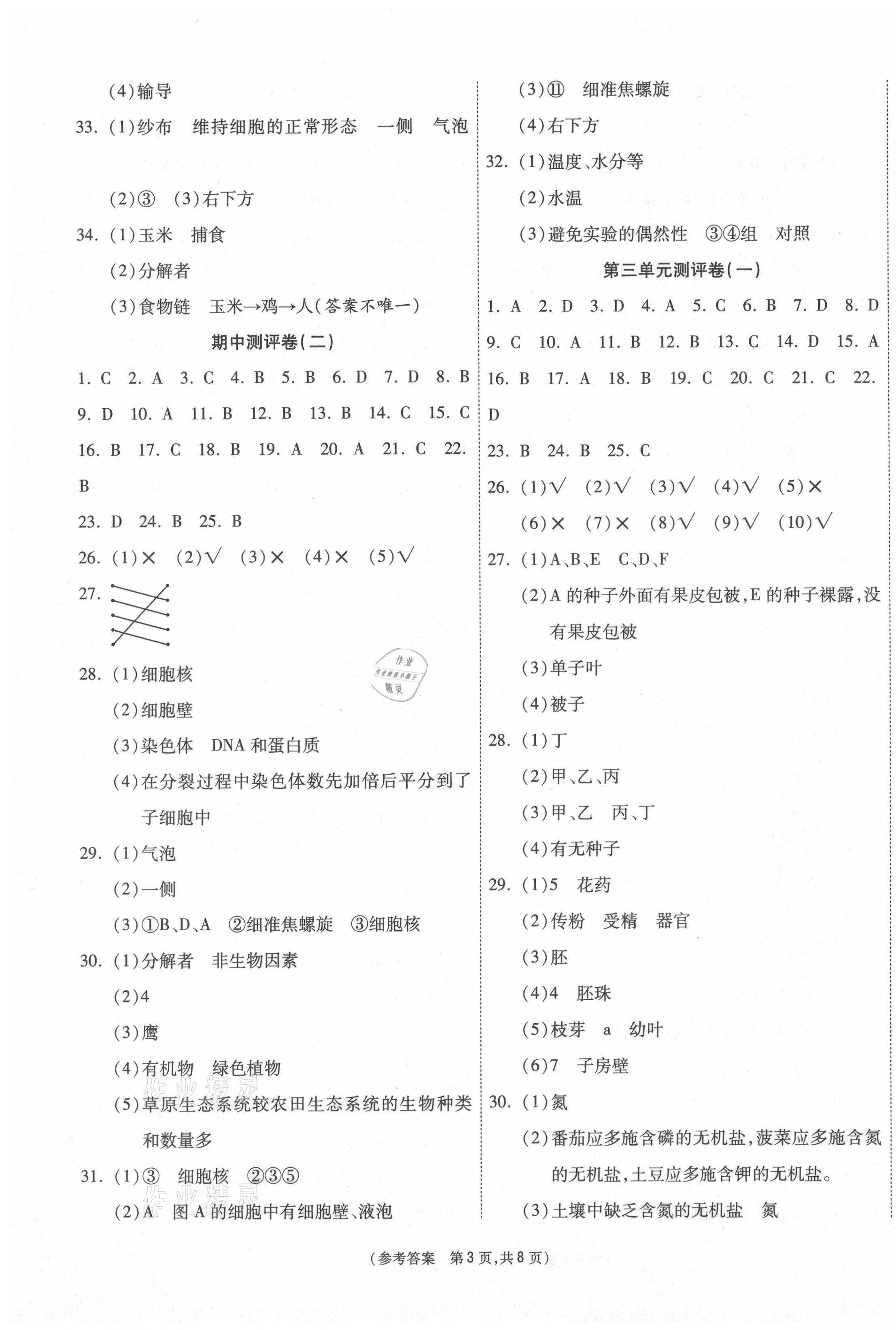 2020年智能优选卷七年级生物上册人教版 参考答案第3页